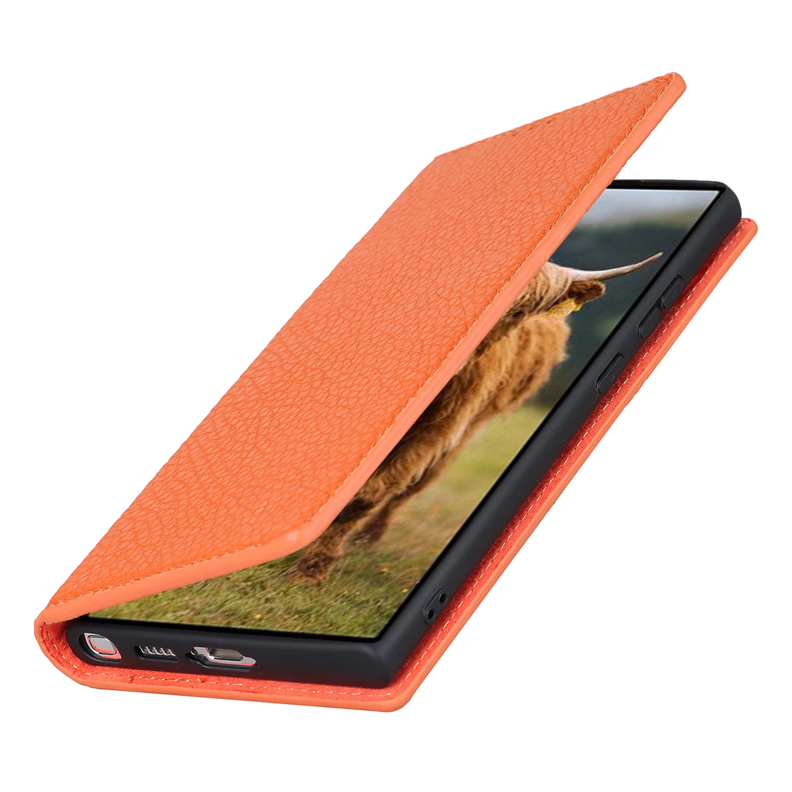 For Samsung Galaxy S23 Ultra Anti-Dust Litchi Texture Genuine Leather Case Flip Wallet Stand Phone Protective Cover with Hand Strap