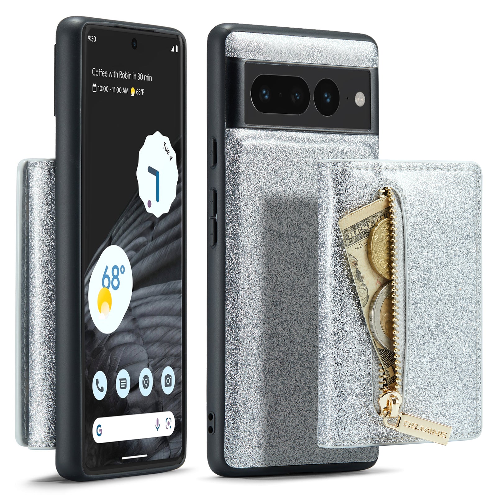 DG.MING M3 Series For Google Pixel 7 Pro 5G Glitter Bling Powder PU Leather Magnetic Anti-drop Phone Cover Detachable PC TPU Kickstand Wallet Phone Case