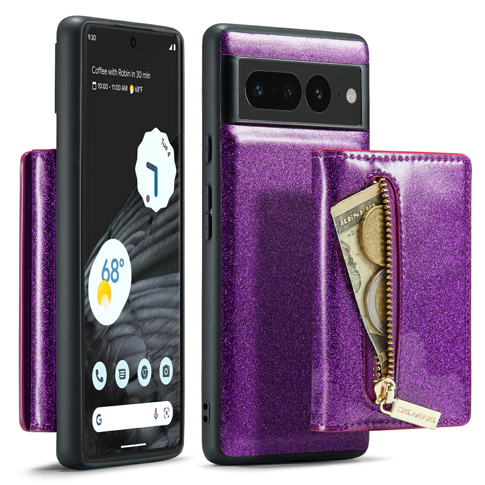 DG.MING M3 Series For Google Pixel 7 Pro 5G Glitter Bling Powder PU Leather Magnetic Anti-drop Phone Cover Detachable PC TPU Kickstand Wallet Phone Case