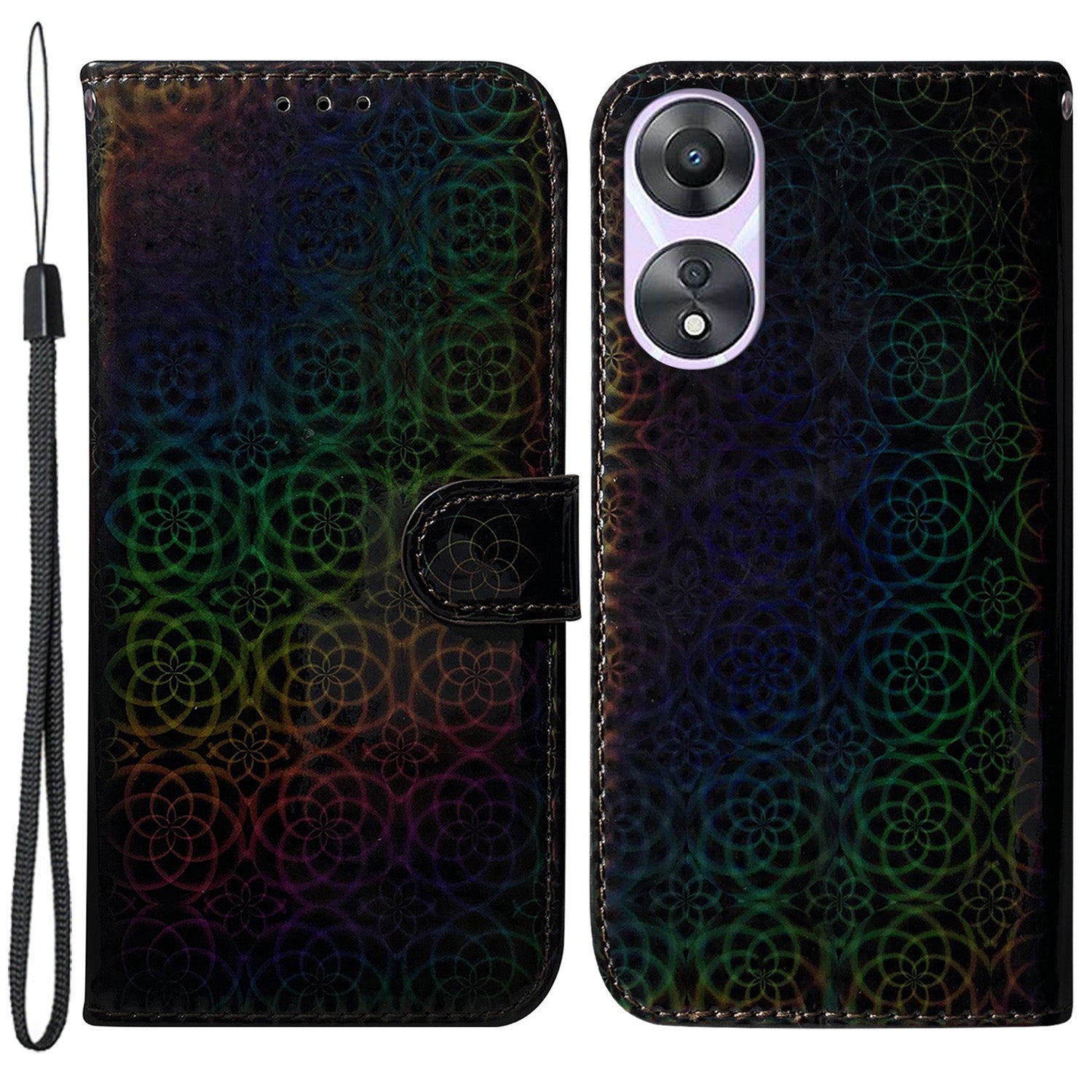 For Oppo A58 5G PU Leather Dazzling Flower Pattern Wallet Case Viewing Stand Magnetic Closure Protective Flip Phone Cover with Strap