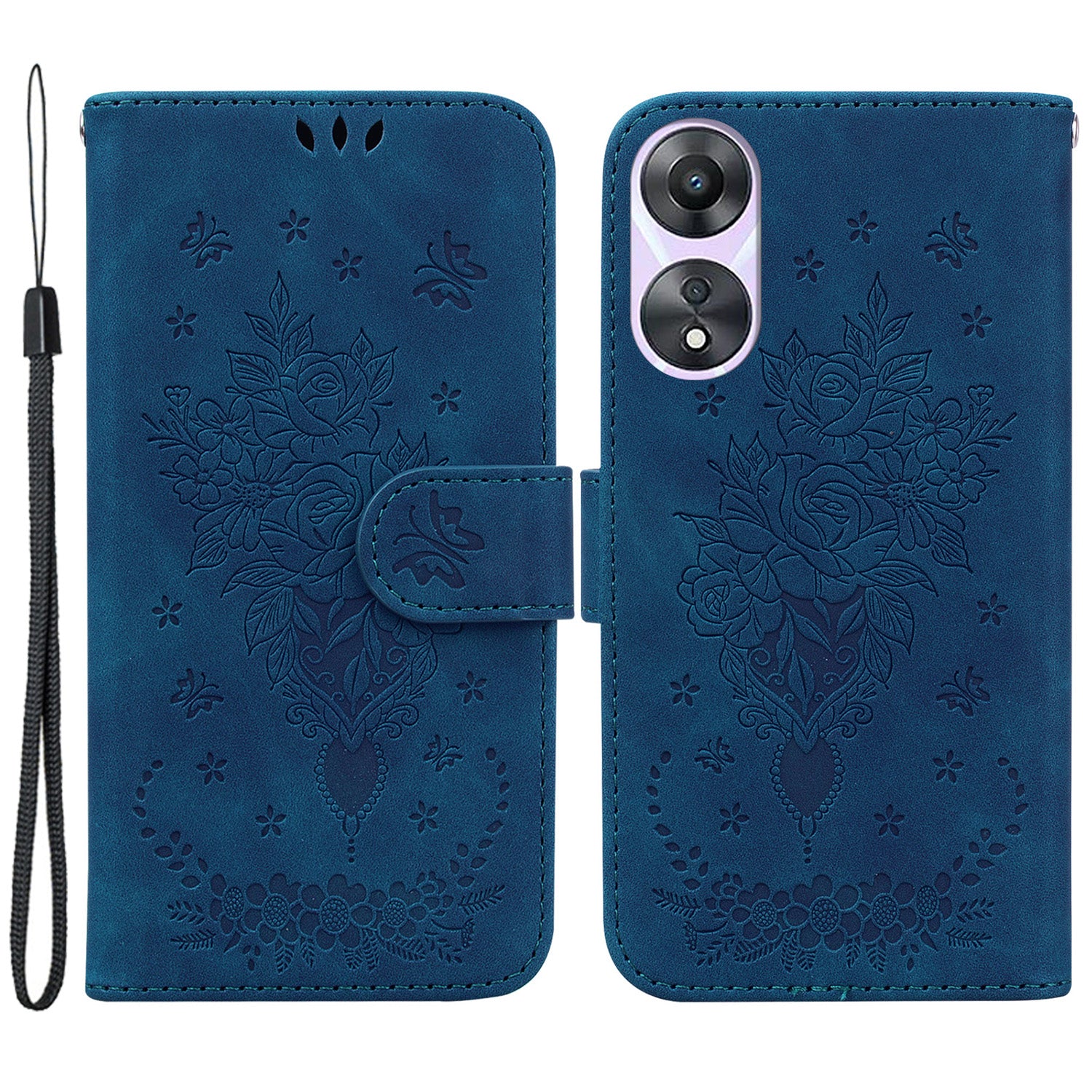 For Oppo A58 5G Imprinted Rose Butterfly PU Leather TPU Inner Shell Magnetic Closure Wallet Stand Phone Cover with Strap