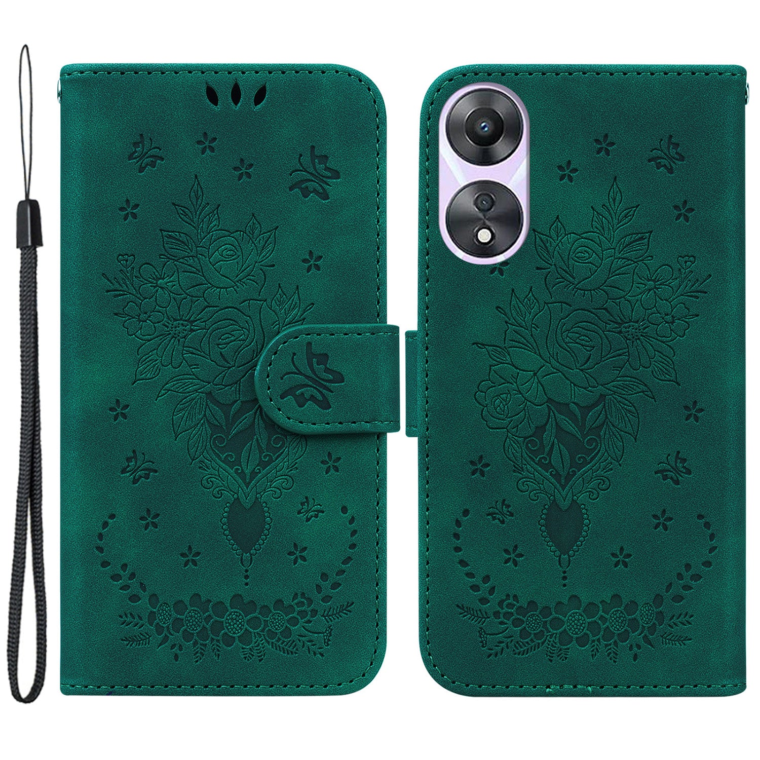 Pro Oppo A58 5G s potiskem Rose Butterfly PU kůže Vnitřní skořepina TPU Magnetické zavírání stojánek na peněženku Kryt telefonu s popruhem