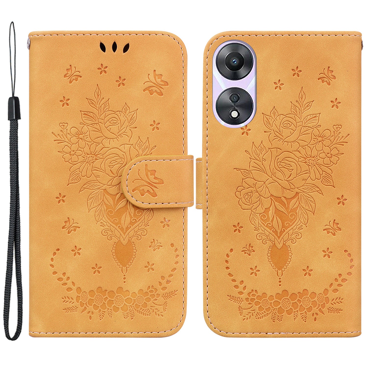 Pro Oppo A58 5G s potiskem Rose Butterfly PU kůže Vnitřní skořepina TPU Magnetické zavírání stojánek na peněženku Kryt telefonu s popruhem