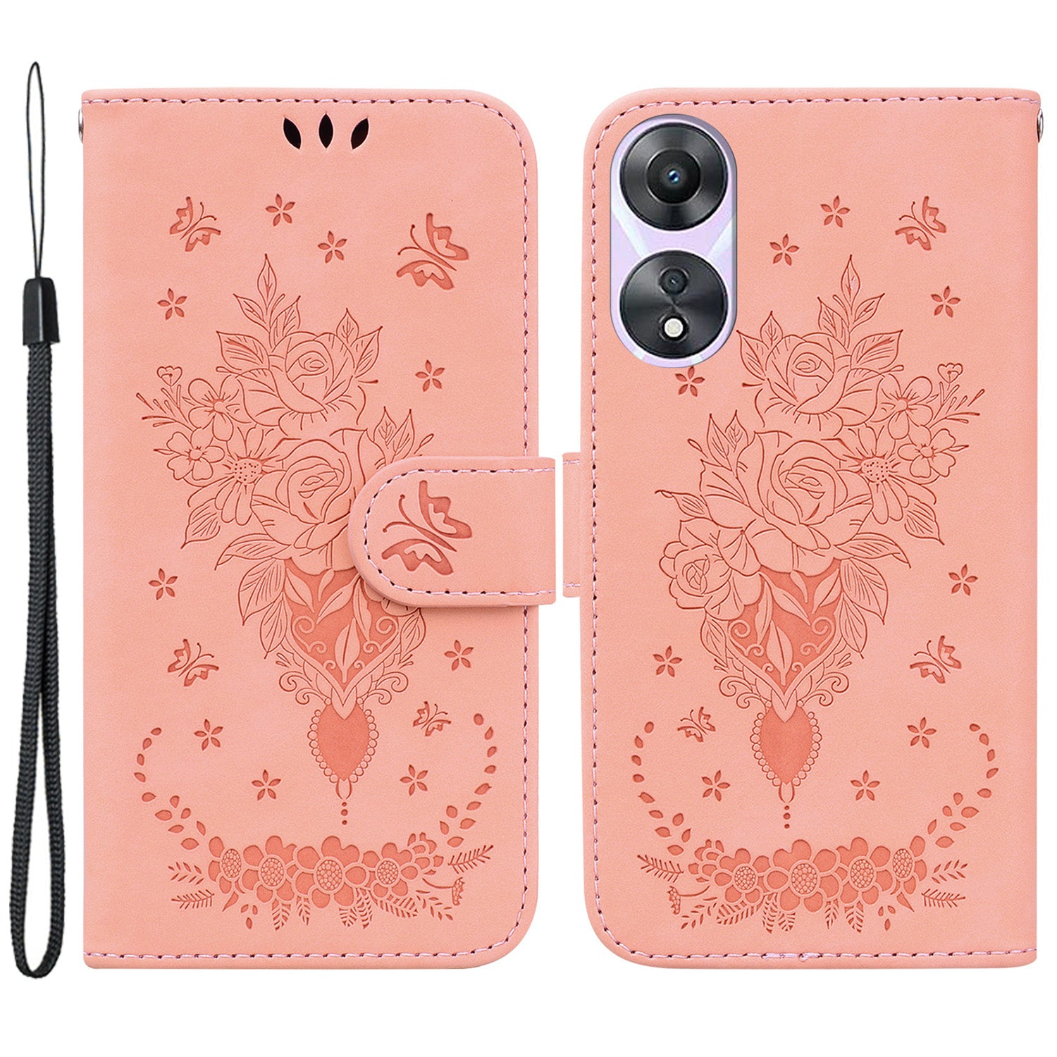 Pro Oppo A58 5G s potiskem Rose Butterfly PU kůže Vnitřní skořepina TPU Magnetické zavírání stojánek na peněženku Kryt telefonu s popruhem