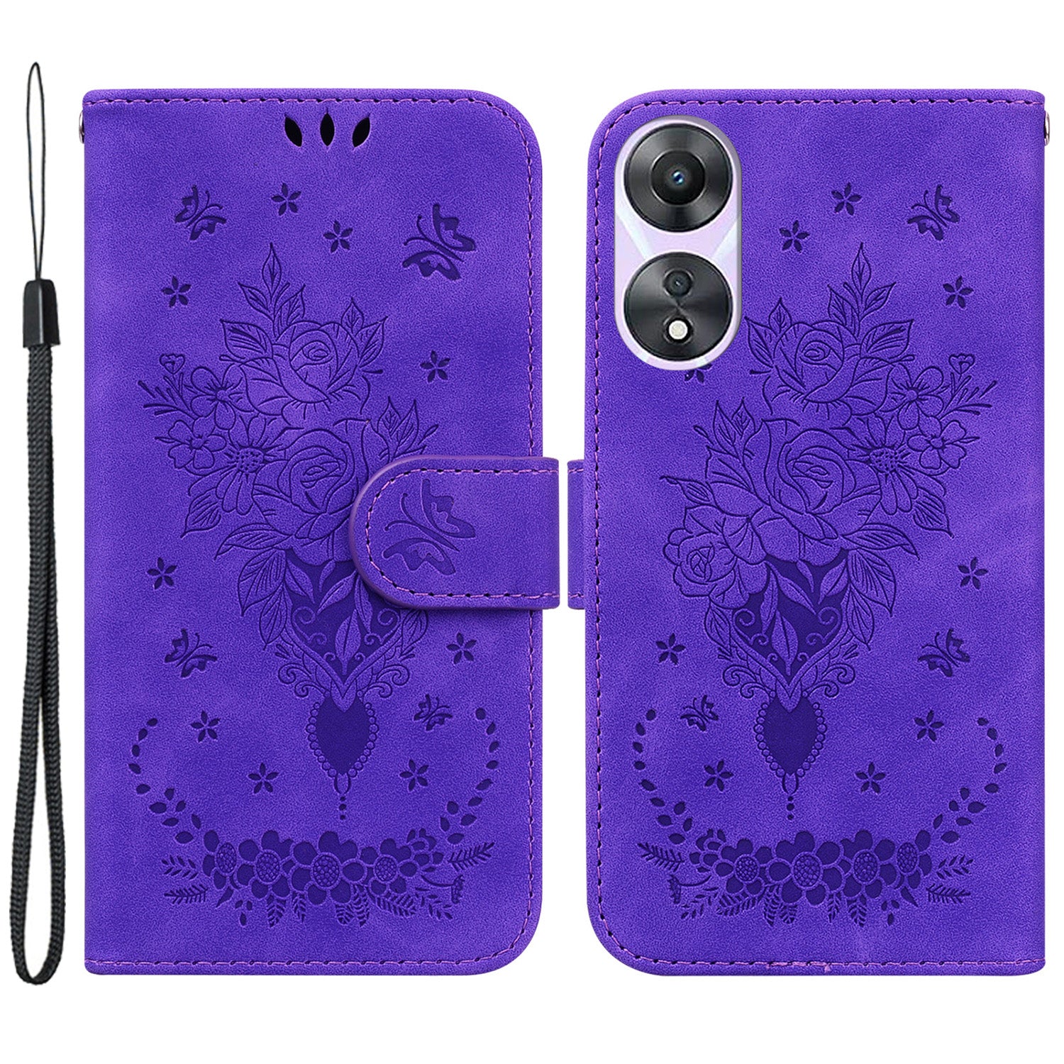 Pro Oppo A58 5G s potiskem Rose Butterfly PU kůže Vnitřní skořepina TPU Magnetické zavírání stojánek na peněženku Kryt telefonu s popruhem