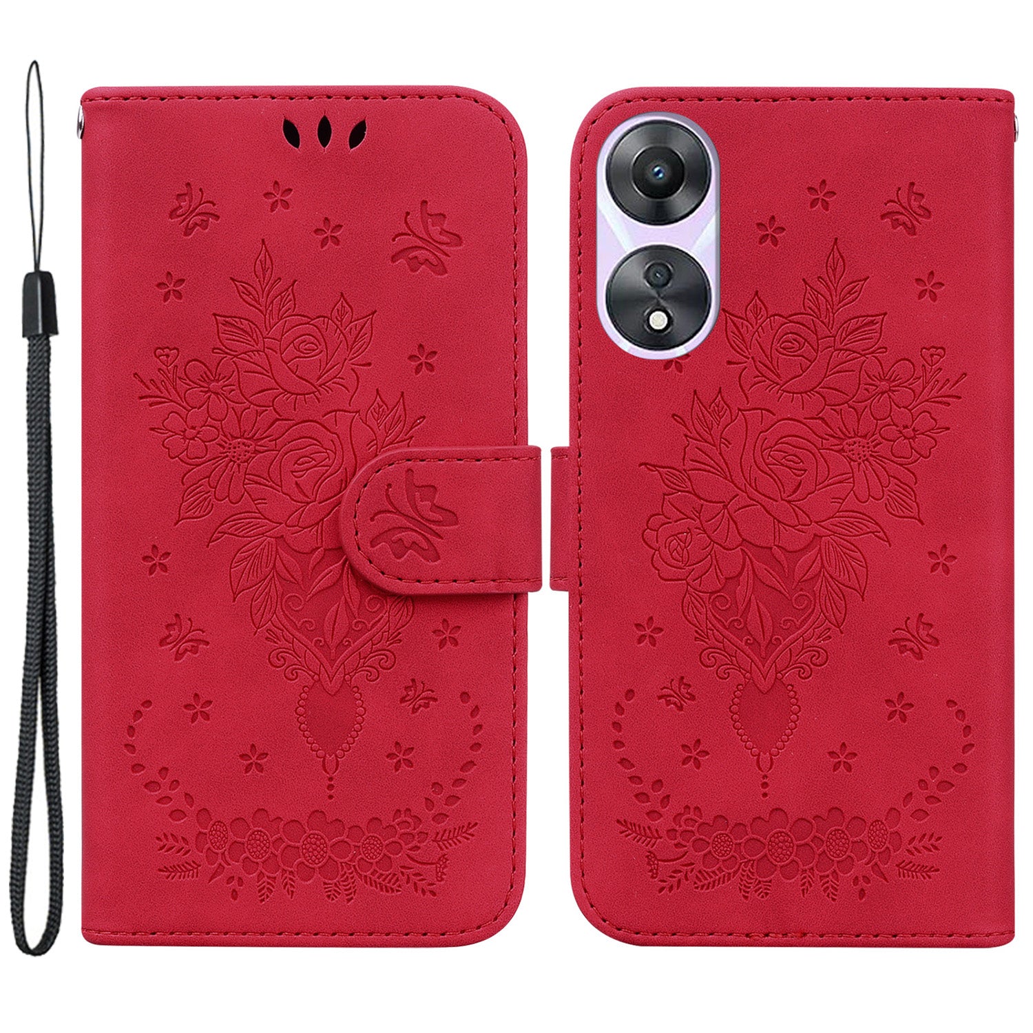 Pro Oppo A58 5G s potiskem Rose Butterfly PU kůže Vnitřní skořepina TPU Magnetické zavírání stojánek na peněženku Kryt telefonu s popruhem