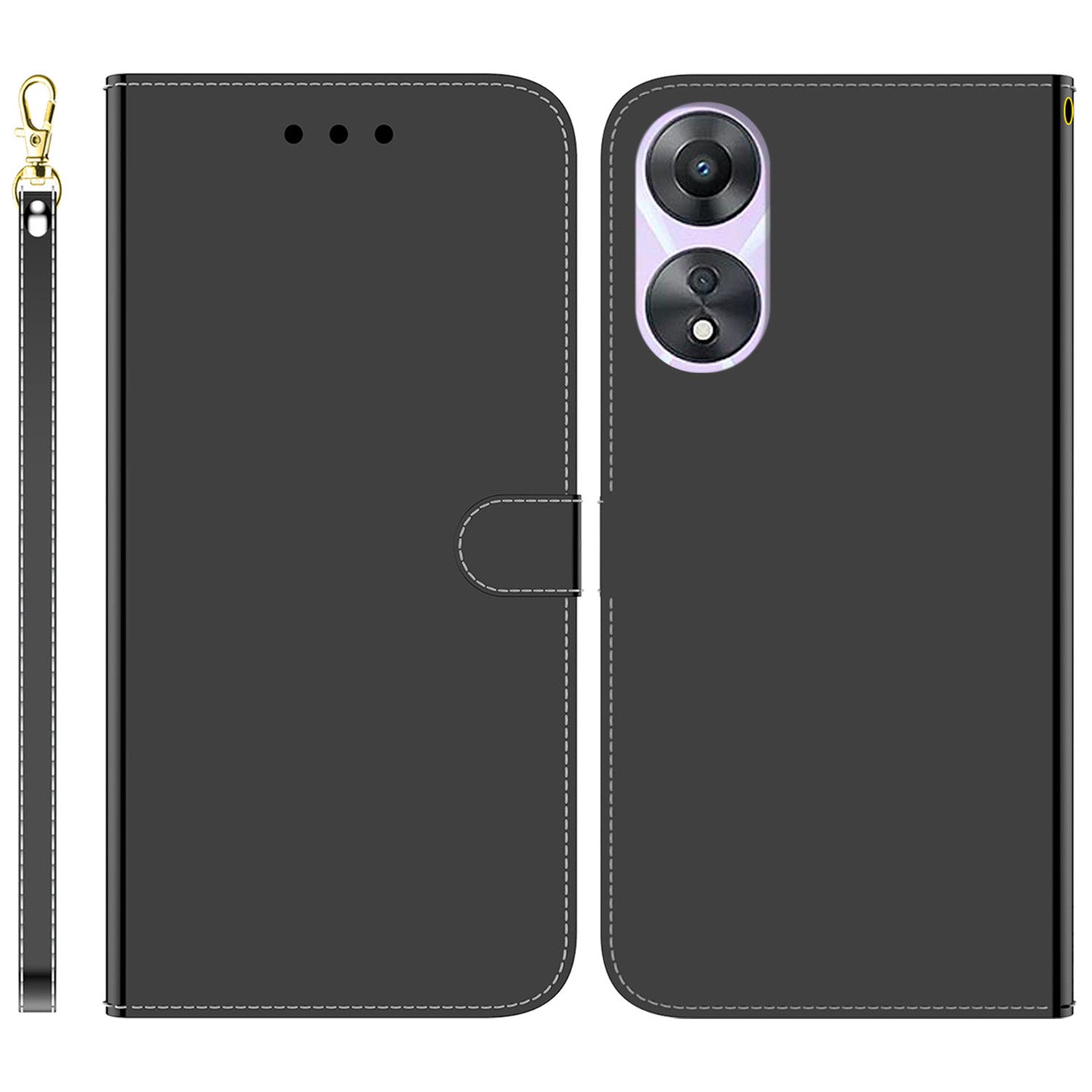For Oppo A58 5G Anti-Scratch Mirror-like Surface Wallet Phone Case Magnetic Clasp PU Leather Stand Flip Phone Cover with Strap