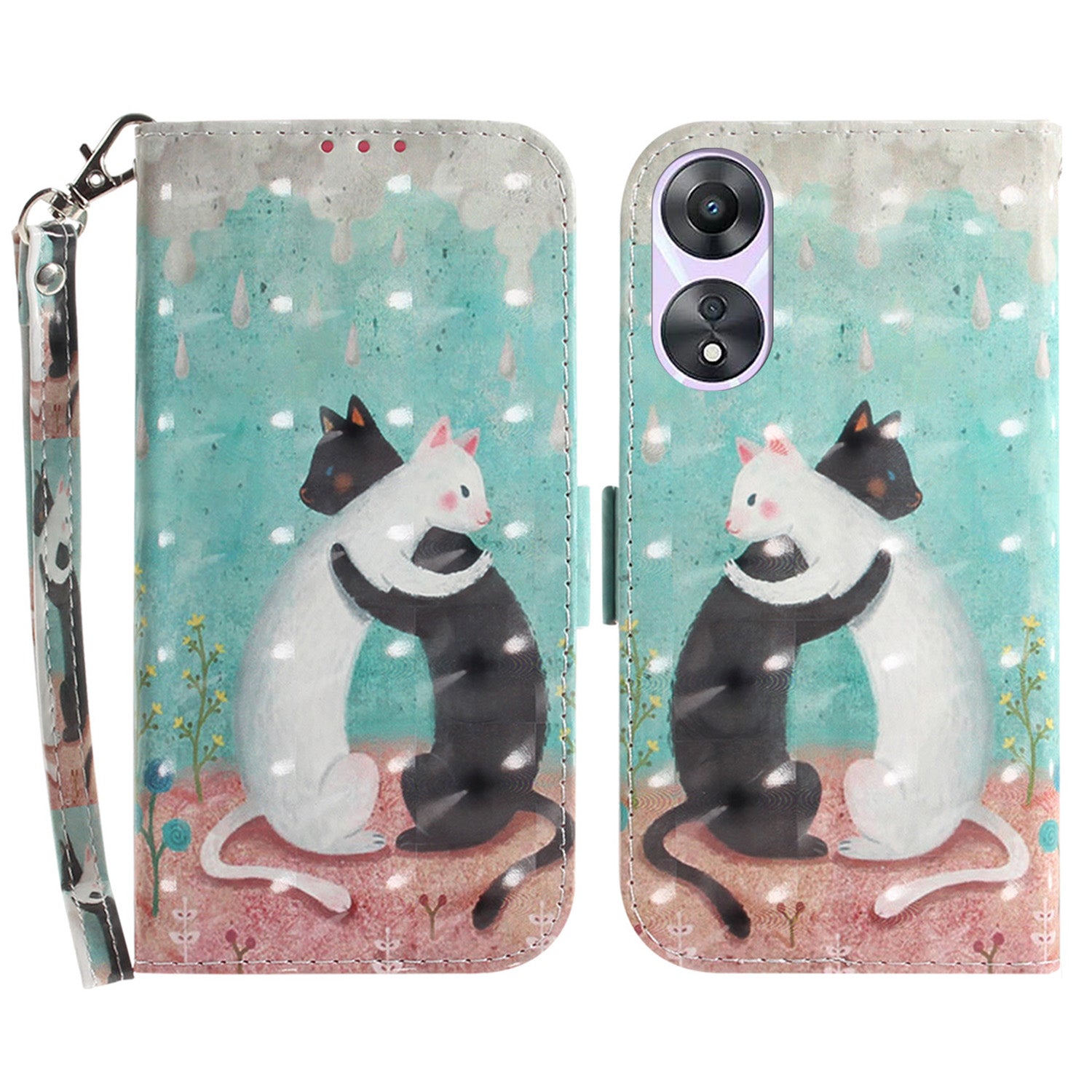 For Oppo A58 5G PU Leather 3D Pattern Printing Phone Cover Full Protection Stand Wallet Phone Case with Strap