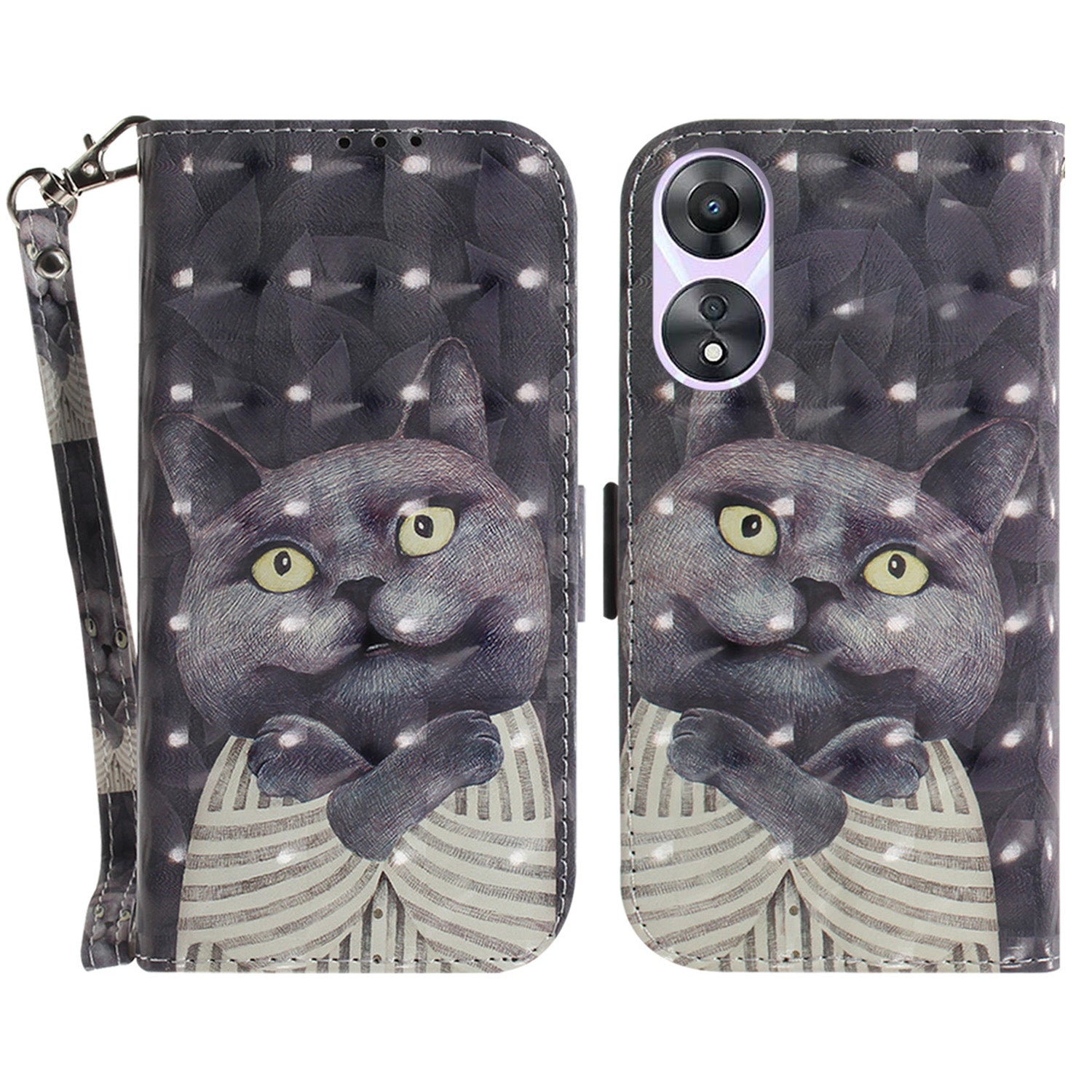 For Oppo A58 5G PU Leather 3D Pattern Printing Phone Cover Full Protection Stand Wallet Phone Case with Strap