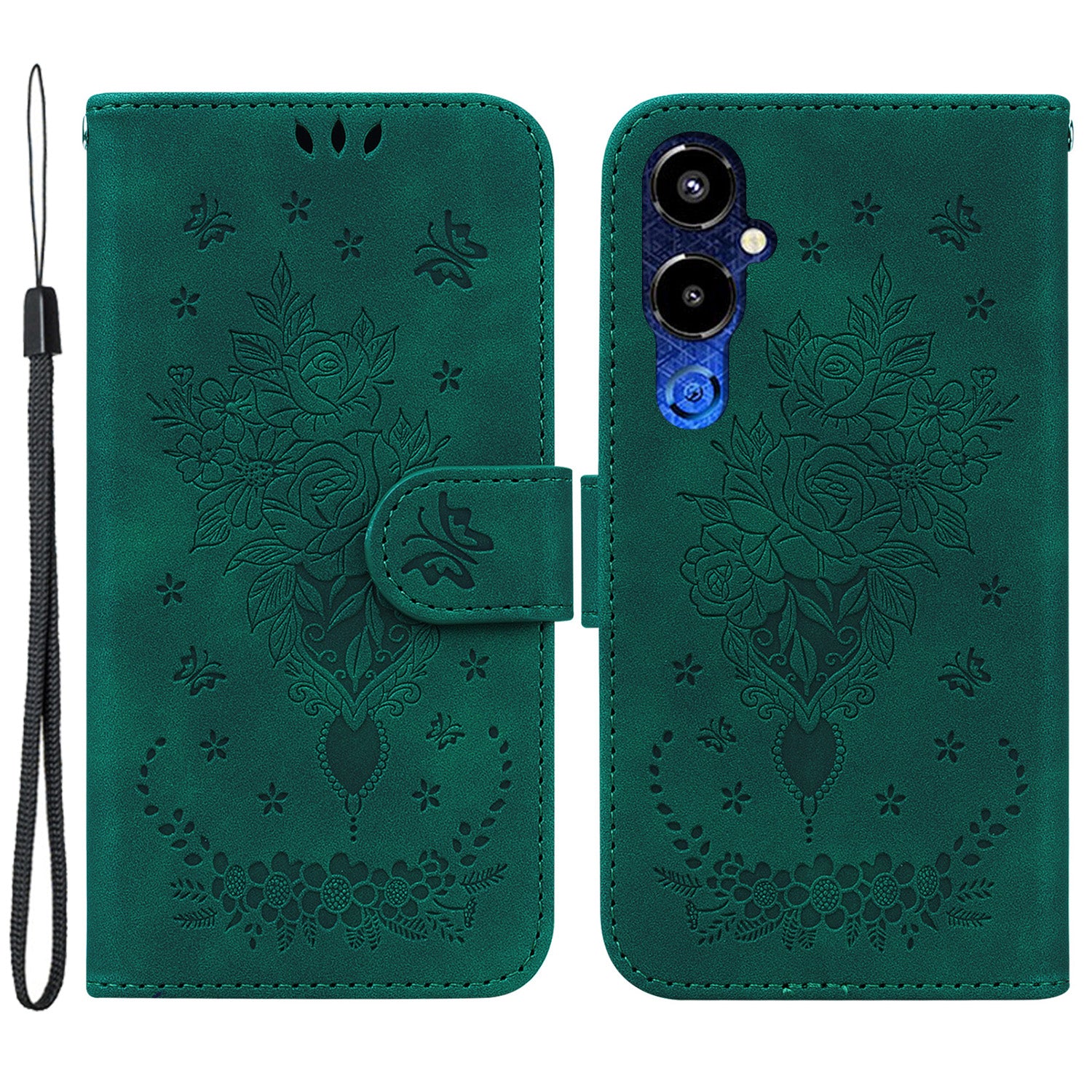 For Tecno Pova 4 Pro 4G Imprinted Rose Butterfly Book Style PU Leather TPU Inner Shell Magnetic Closure Wallet Stand Phone Cover with Strap