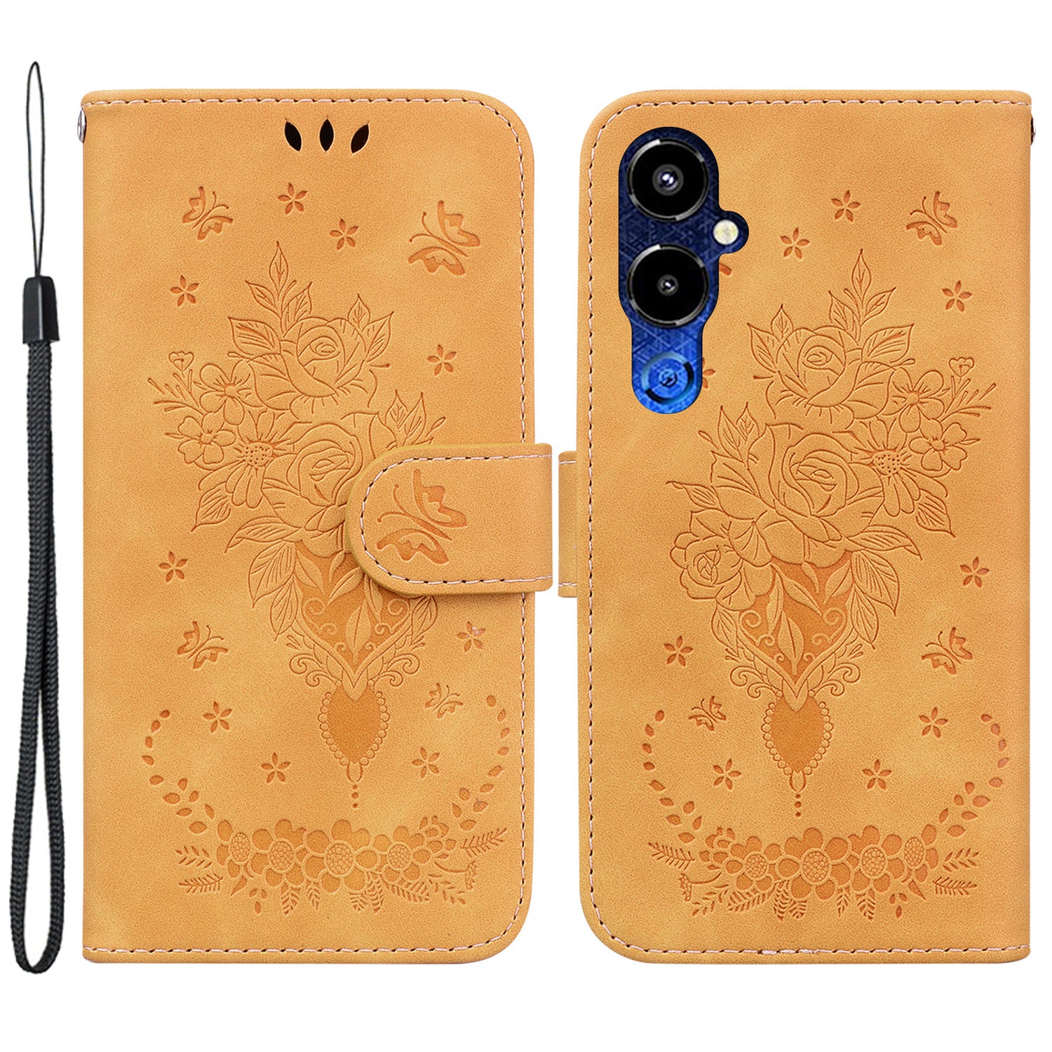 For Tecno Pova 4 Pro 4G Imprinted Rose Butterfly Book Style PU Leather TPU Inner Shell Magnetic Closure Wallet Stand Phone Cover with Strap
