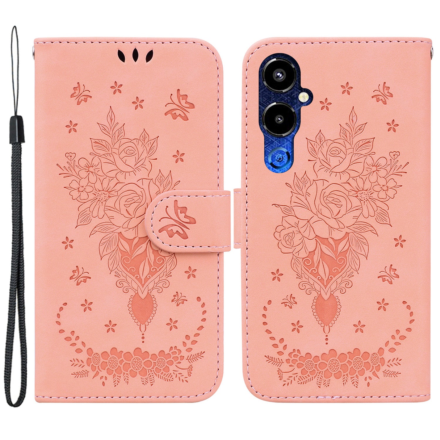 For Tecno Pova 4 Pro 4G Imprinted Rose Butterfly Book Style PU Leather TPU Inner Shell Magnetic Closure Wallet Stand Phone Cover with Strap