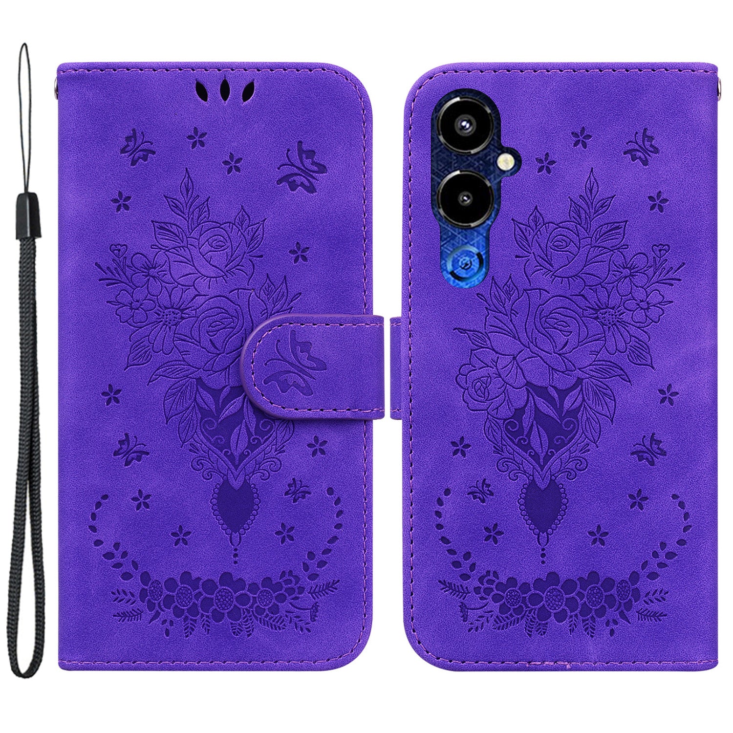 For Tecno Pova 4 Pro 4G Imprinted Rose Butterfly Book Style PU Leather TPU Inner Shell Magnetic Closure Wallet Stand Phone Cover with Strap