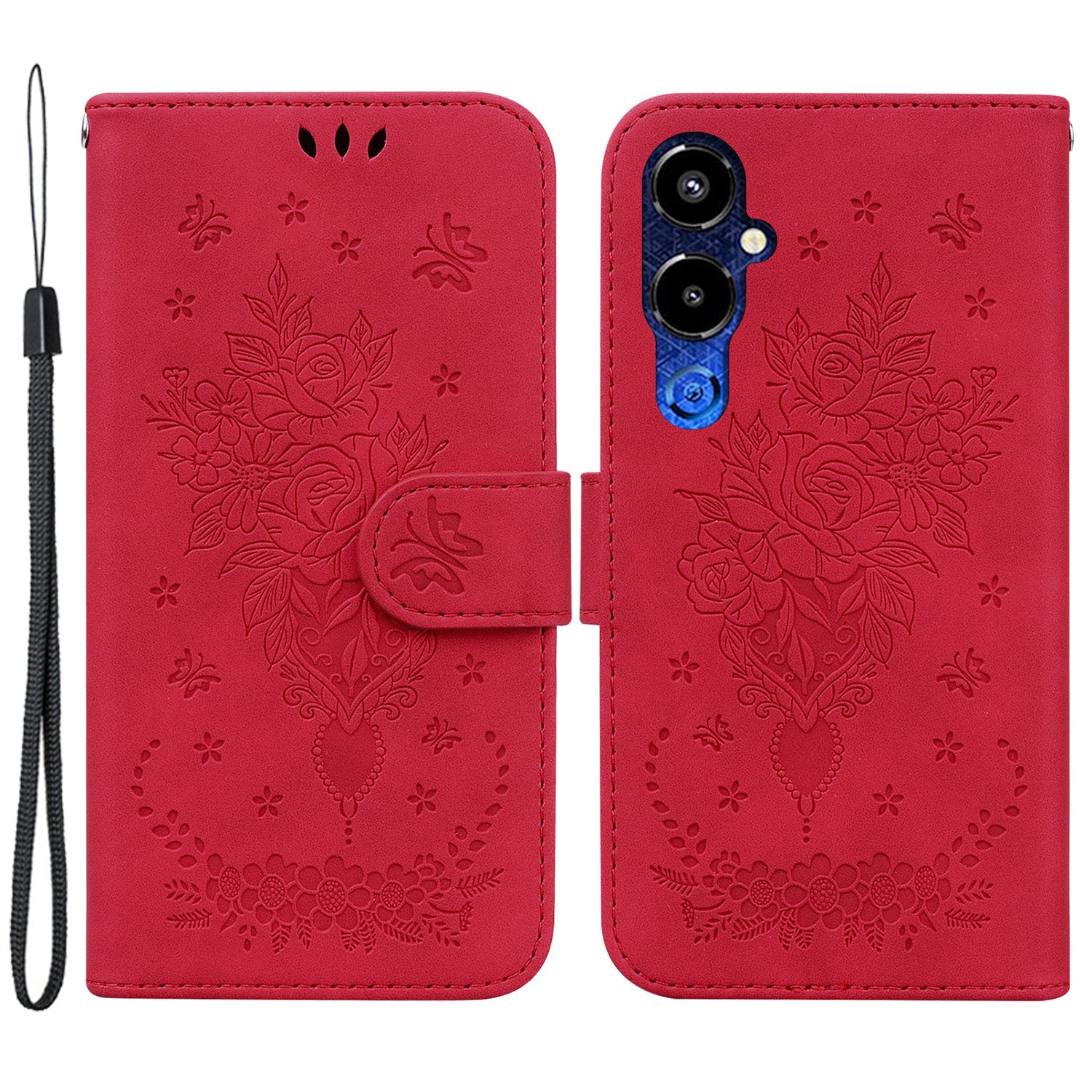 For Tecno Pova 4 Pro 4G Imprinted Rose Butterfly Book Style PU Leather TPU Inner Shell Magnetic Closure Wallet Stand Phone Cover with Strap