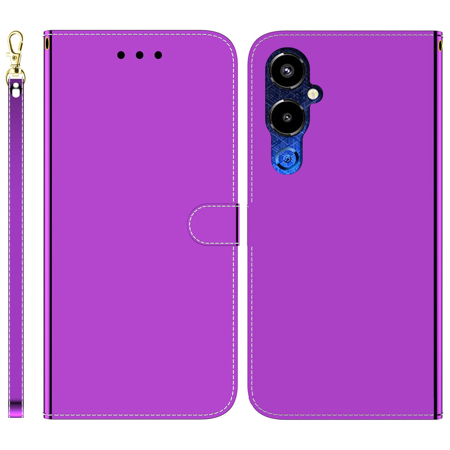 For Tecno Pova 4 Pro 4G Magnetic Clasp Stand Flip Phone Cover Mirror-like Surface PU Leather Wallet Phone Case with Strap