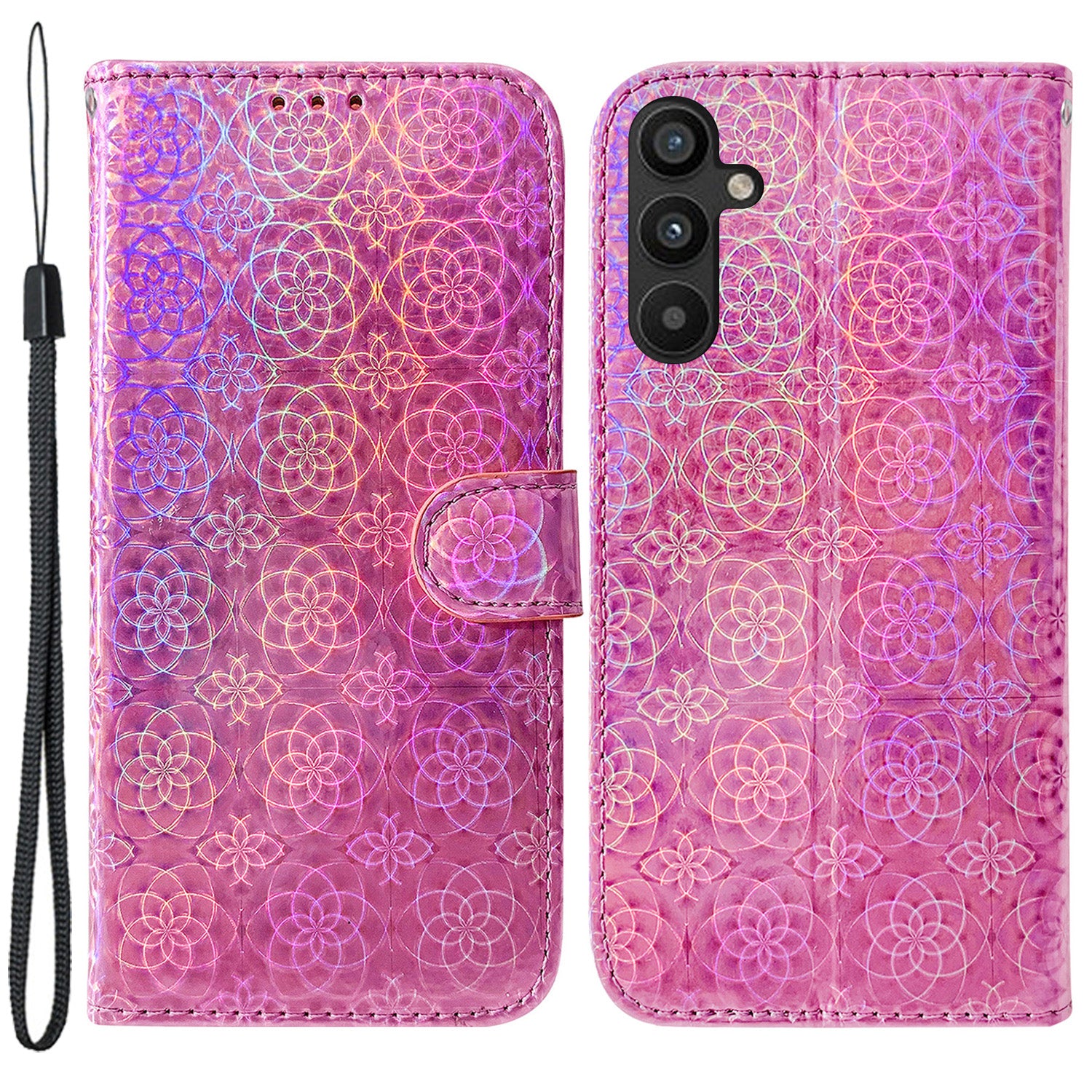 For Samsung Galaxy A54 5G PU Leather Dazzling Flower Pattern Shockproof Wallet Case Stand Magnetic Closure Flip Phone Cover with Strap