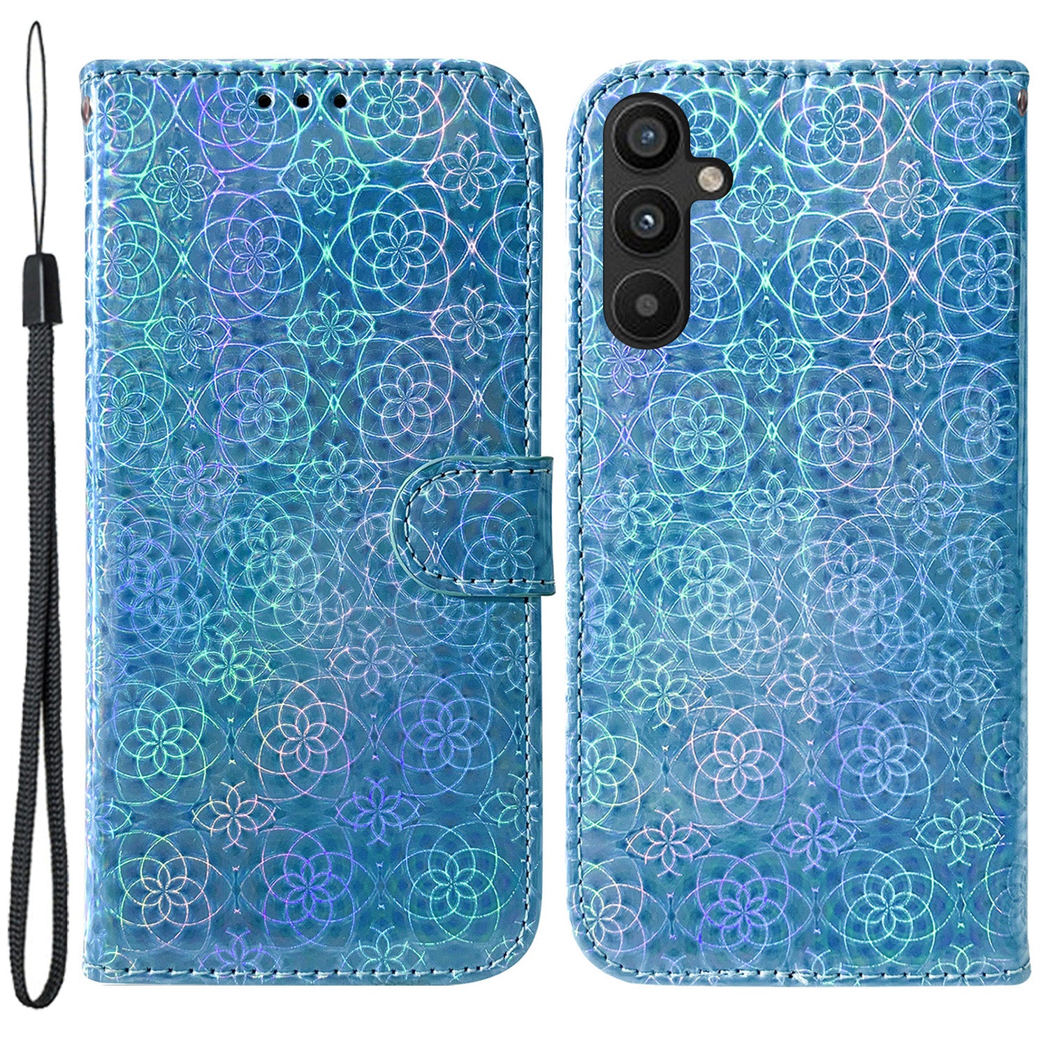 For Samsung Galaxy A54 5G PU Leather Dazzling Flower Pattern Shockproof Wallet Case Stand Magnetic Closure Flip Phone Cover with Strap
