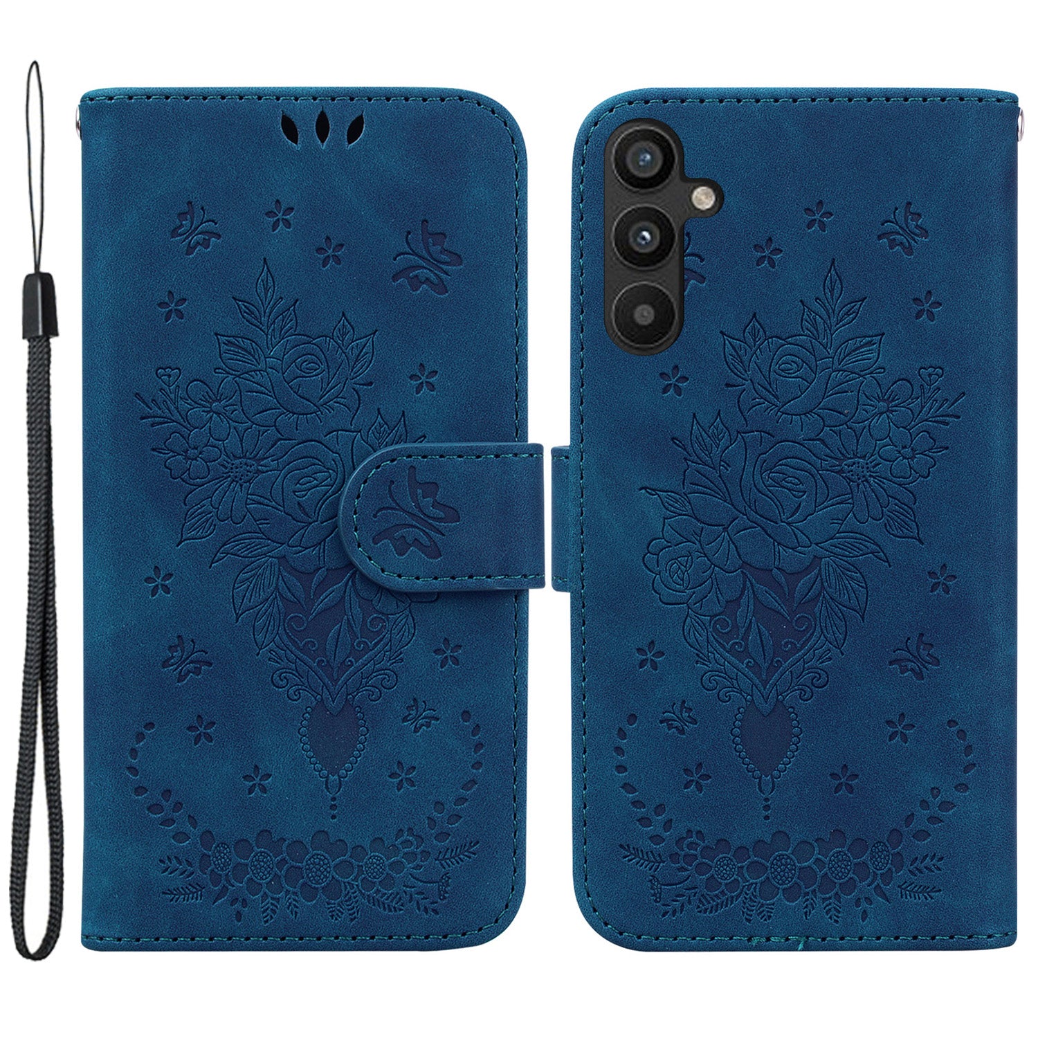 For Samsung Galaxy A34 5G Drop-proof Imprinted Rose Butterfly PU Leather TPU Inner Shell Magnetic Closure Wallet Stand Phone Cover with Strap