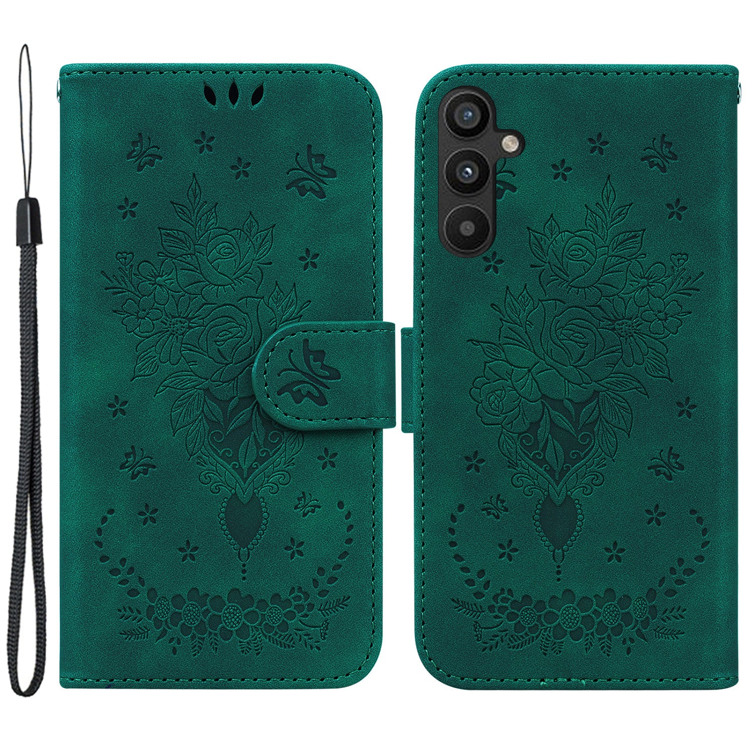 Pro Samsung Galaxy A34 5G odolný proti pádu s potiskem Rose Butterfly PU kůže Vnitřní skořepina TPU Magnetické zavírání stojánek na peněženku Kryt na telefon s popruhem