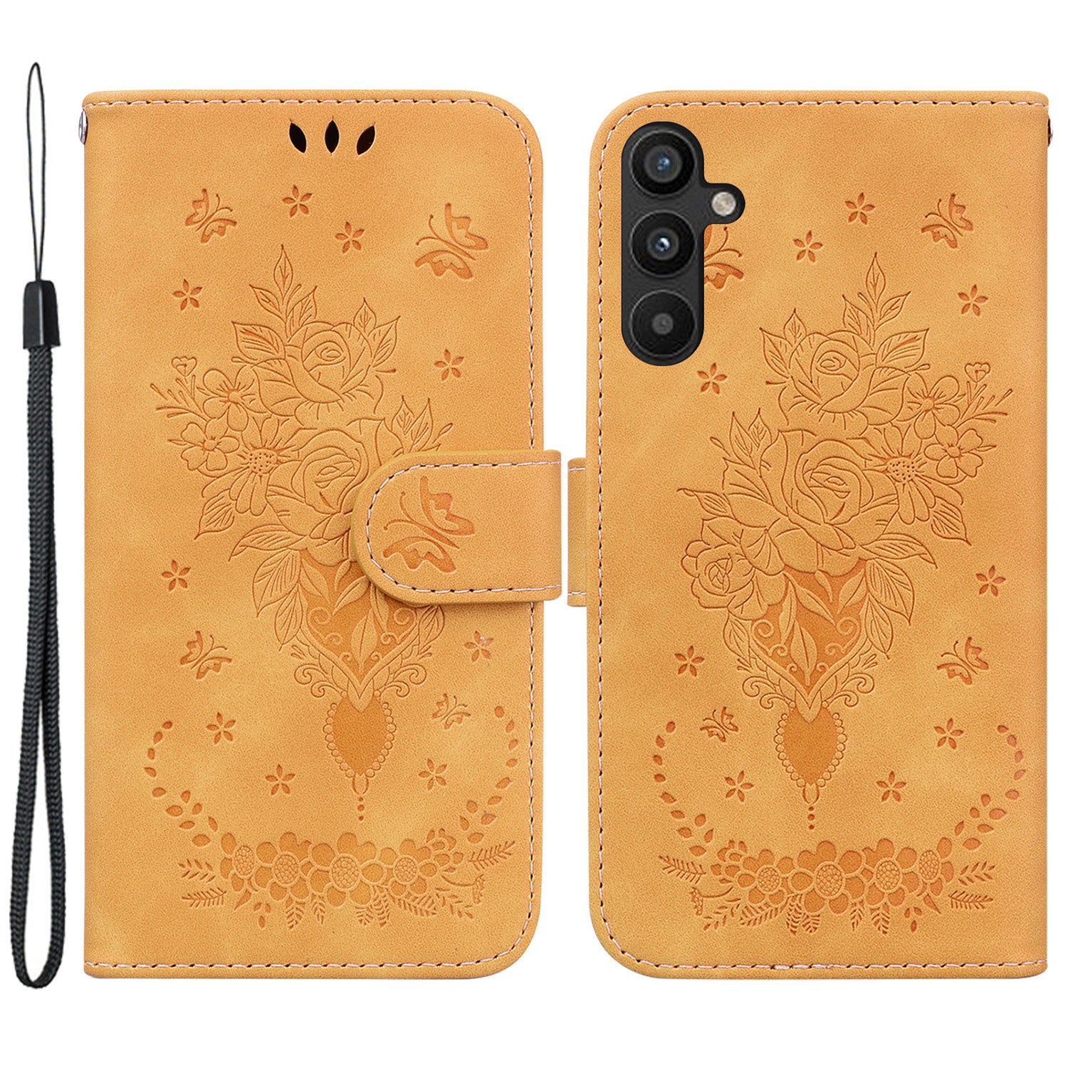 Pro Samsung Galaxy A34 5G odolný proti pádu s potiskem Rose Butterfly PU kůže Vnitřní skořepina TPU Magnetické zavírání stojánek na peněženku Kryt na telefon s popruhem