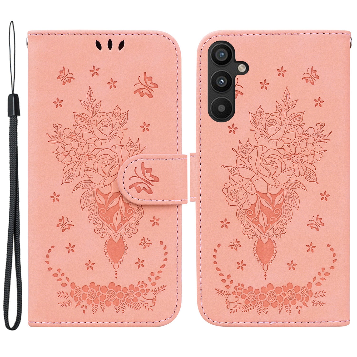 Pro Samsung Galaxy A34 5G odolný proti pádu s potiskem Rose Butterfly PU kůže Vnitřní skořepina TPU Magnetické zavírání stojánek na peněženku Kryt na telefon s popruhem