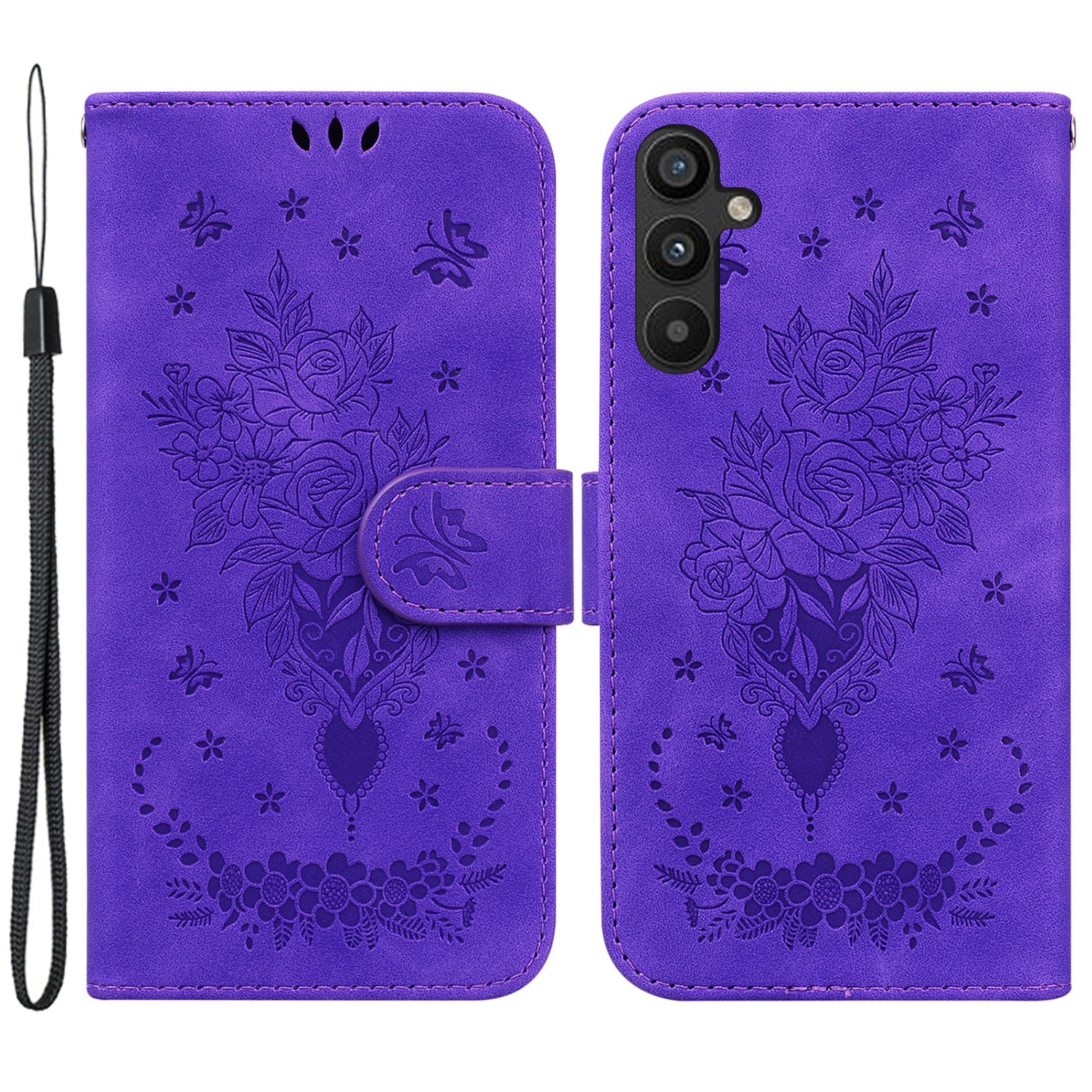 Pro Samsung Galaxy A34 5G odolný proti pádu s potiskem Rose Butterfly PU kůže Vnitřní skořepina TPU Magnetické zavírání stojánek na peněženku Kryt na telefon s popruhem