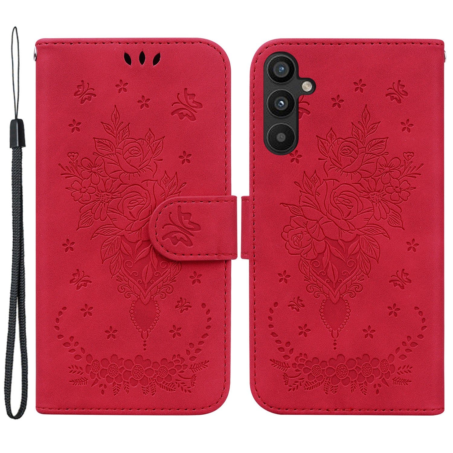 Pro Samsung Galaxy A34 5G odolný proti pádu s potiskem Rose Butterfly PU kůže Vnitřní skořepina TPU Magnetické zavírání stojánek na peněženku Kryt na telefon s popruhem