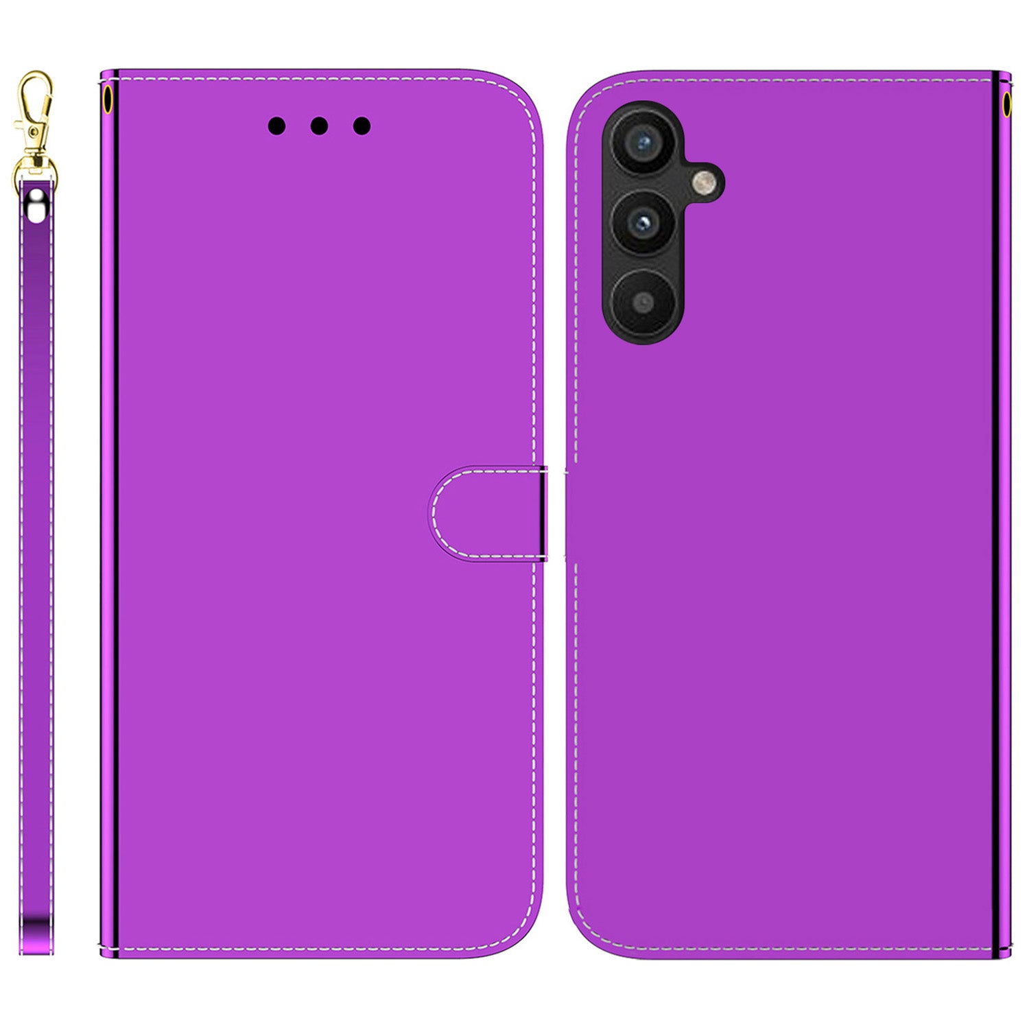For Samsung Galaxy A34 5G Anti-Fingerprint PU Leather Wallet Phone Case Mirror-like Surface Magnetic Clasp Stand Flip Phone Cover with Strap