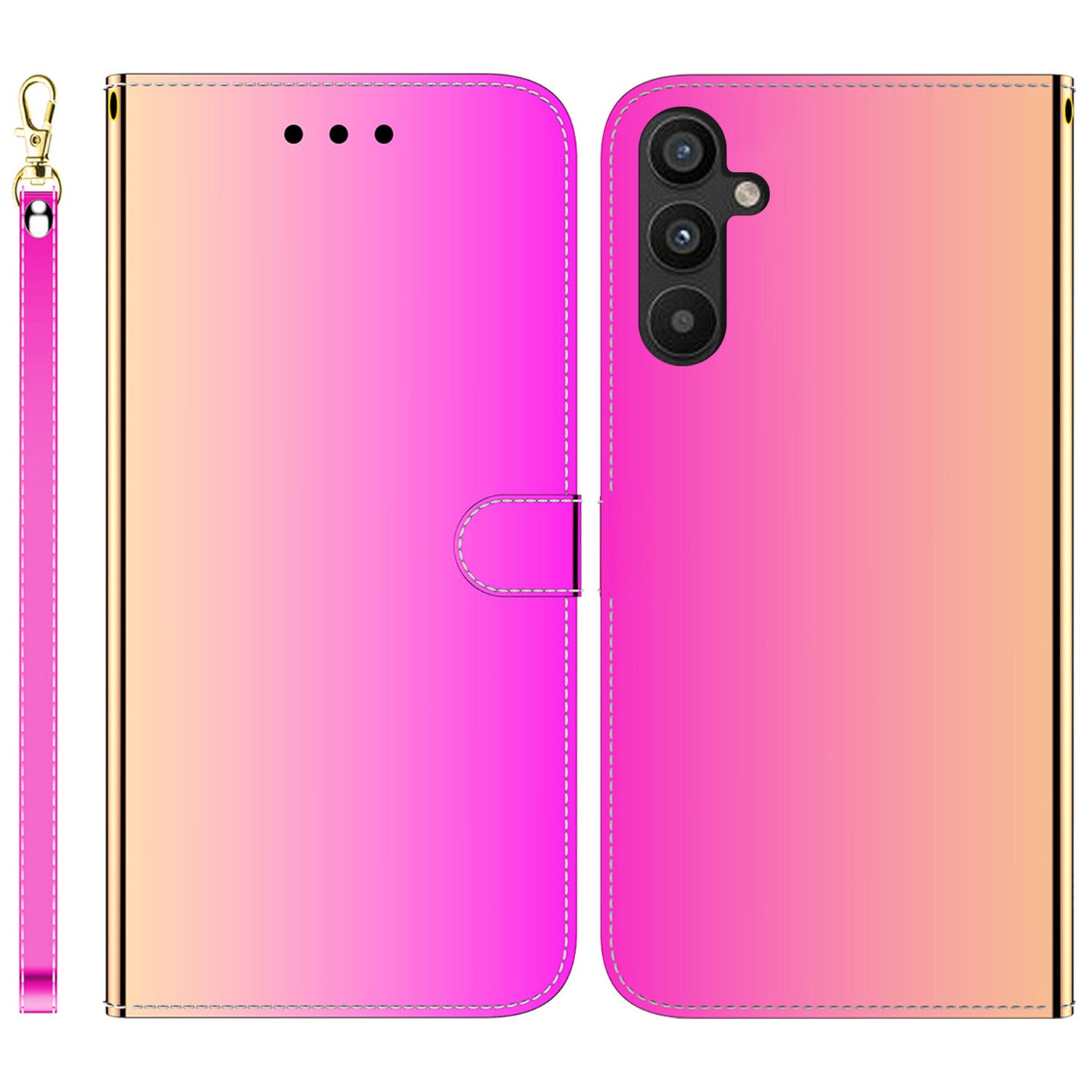 For Samsung Galaxy A54 5G Wallet Phone Case Mirror-like Surface PU Leather Magnetic Clasp Stand Flip Phone Cover with Strap