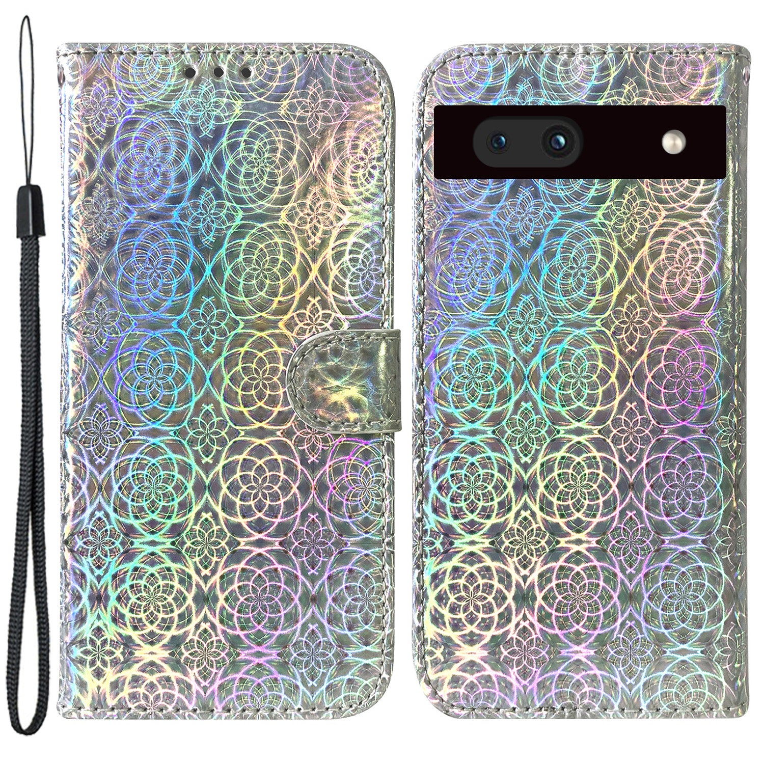 For Google Pixel 7a PU Leather Dazzling Flower Pattern Wallet Case Stand Magnetic Closure Bump Proof Flip Phone Cover with Strap