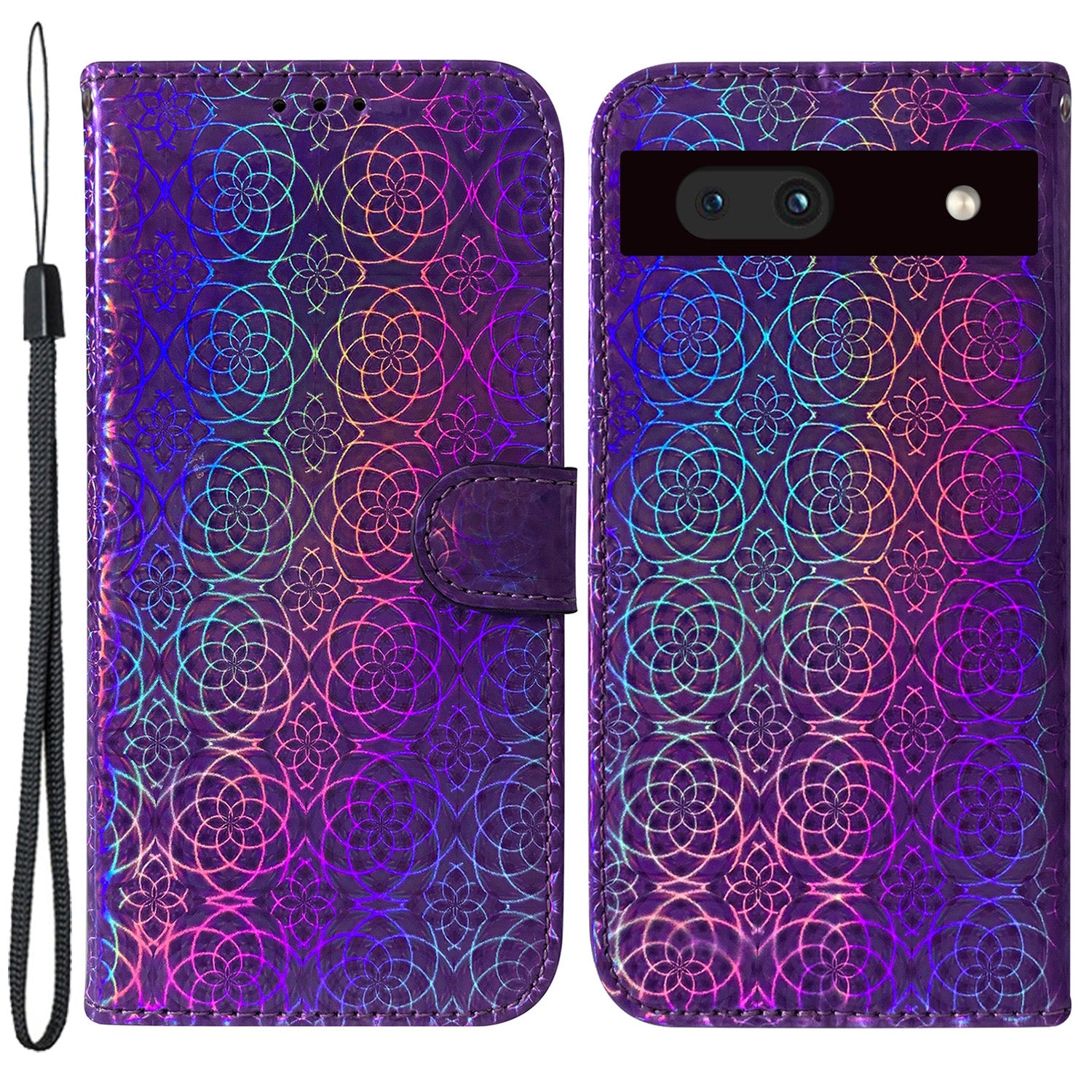 For Google Pixel 7a PU Leather Dazzling Flower Pattern Wallet Case Stand Magnetic Closure Bump Proof Flip Phone Cover with Strap