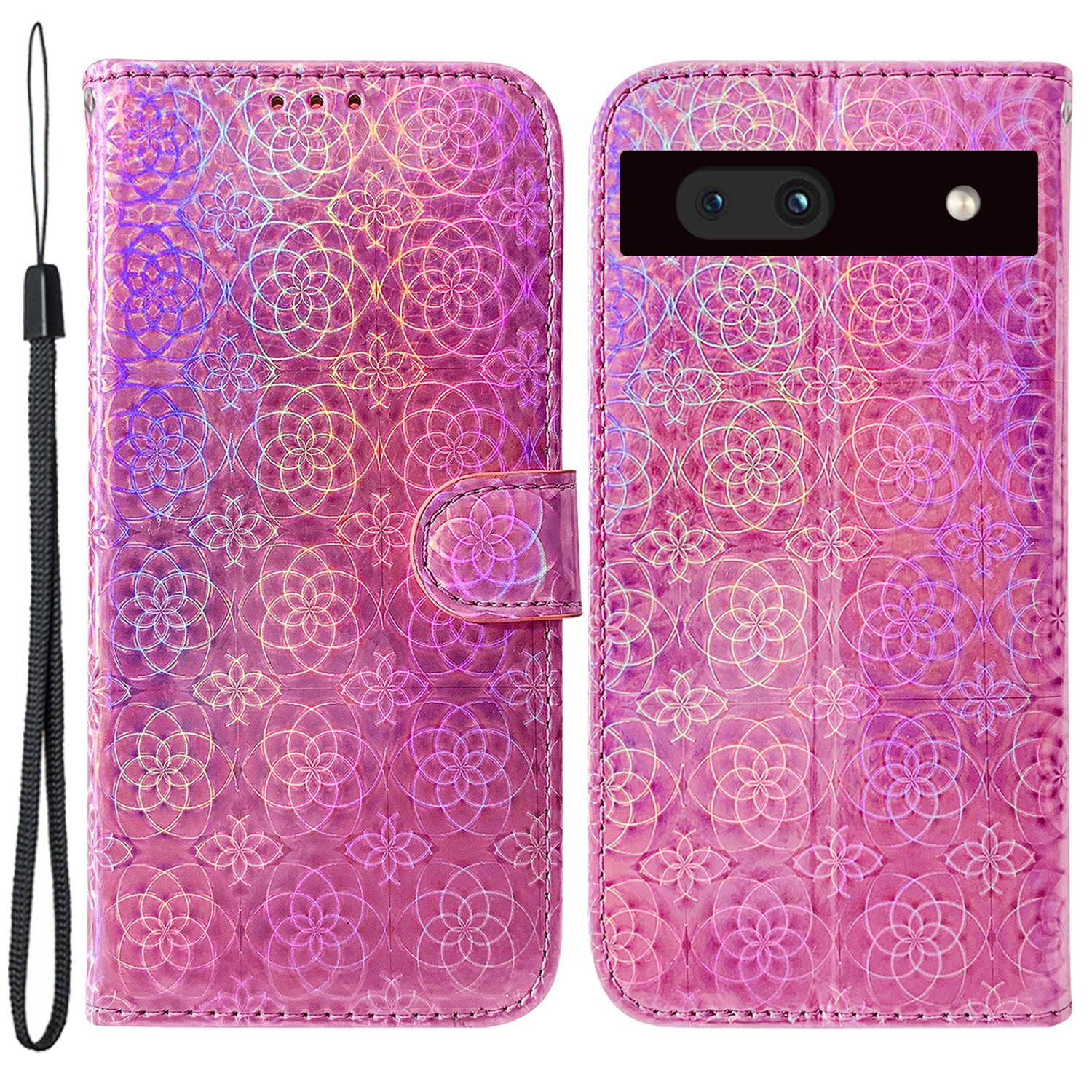 For Google Pixel 7a PU Leather Dazzling Flower Pattern Wallet Case Stand Magnetic Closure Bump Proof Flip Phone Cover with Strap