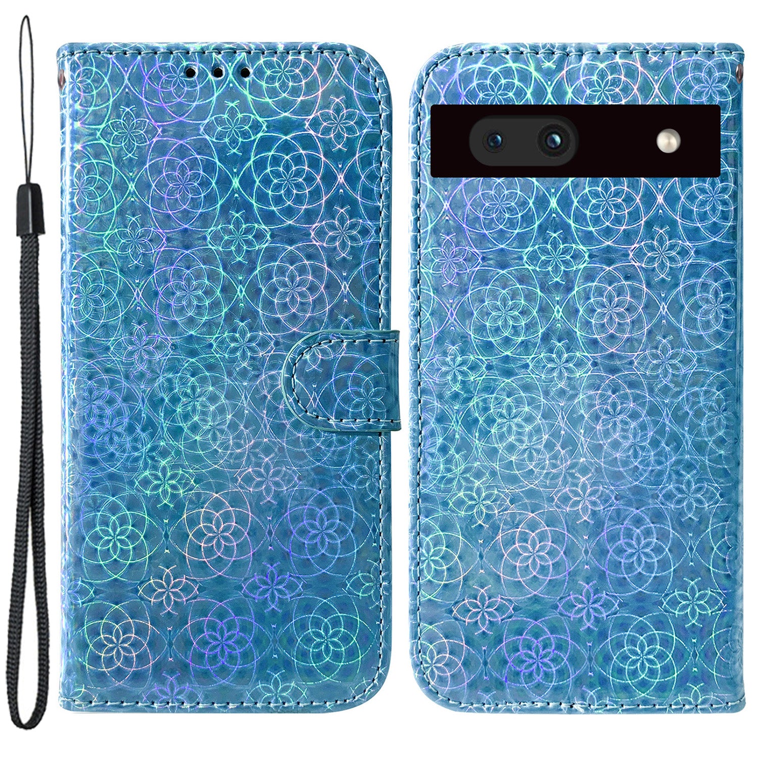 For Google Pixel 7a PU Leather Dazzling Flower Pattern Wallet Case Stand Magnetic Closure Bump Proof Flip Phone Cover with Strap