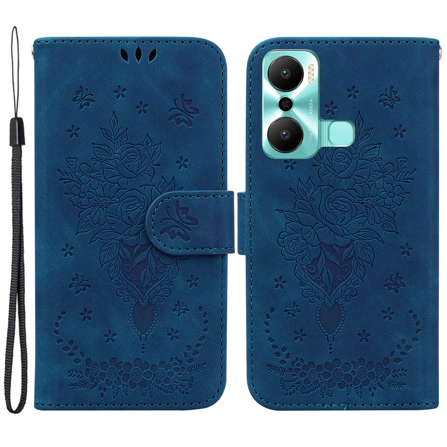 For Infinix Hot 20 Play 4G Imprinted Rose Butterfly PU Leather TPU Inner Shell Well-protected Magnetic Closure Wallet Stand Phone Cover with Strap