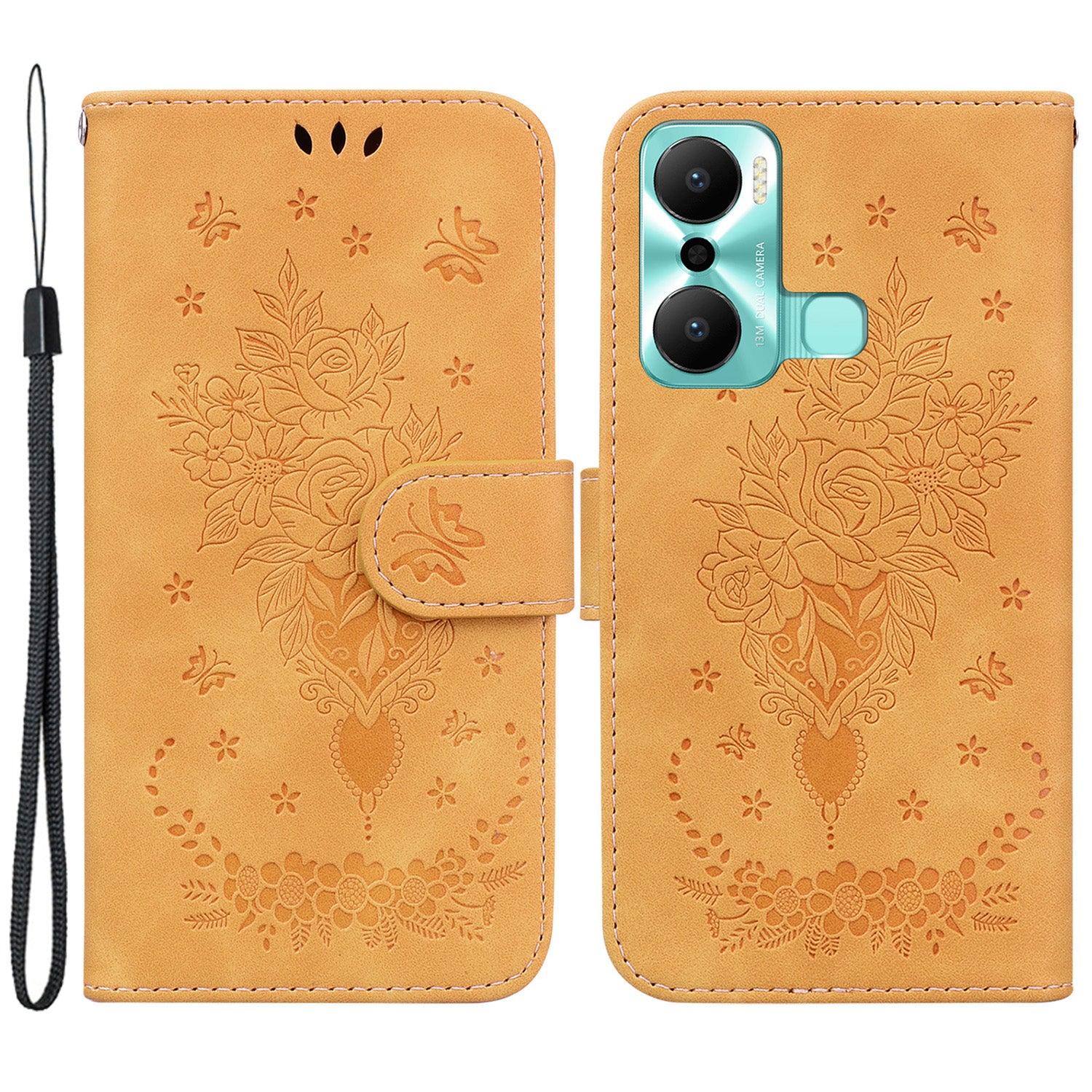 Pro Infinix Hot 20 Play 4G s potiskem Rose Butterfly PU kůže Vnitřní skořepina TPU Dobře chráněný magnetický stojánek na peněženku Kryt na telefon s popruhem