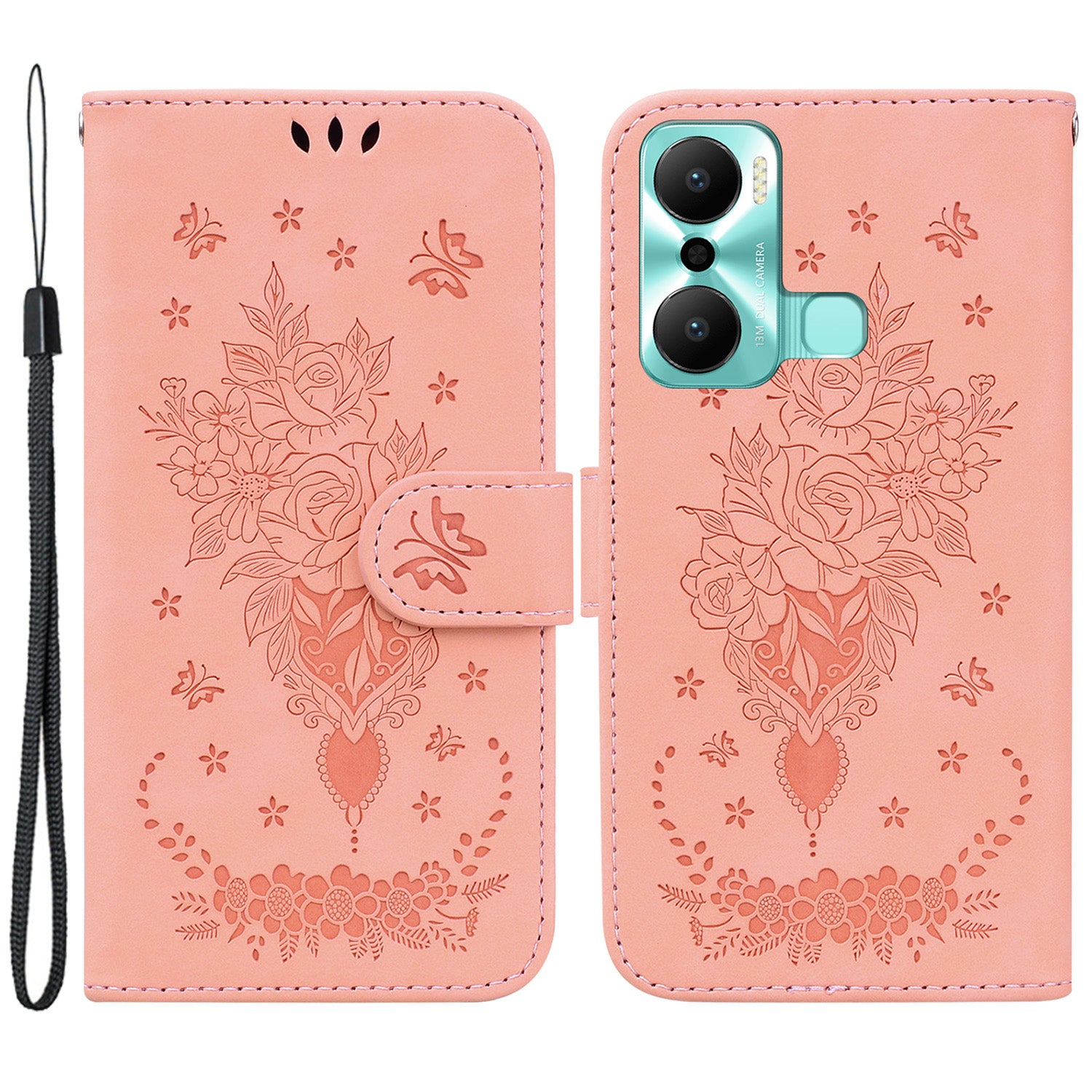 Pro Infinix Hot 20 Play 4G s potiskem Rose Butterfly PU kůže Vnitřní skořepina TPU Dobře chráněný magnetický stojánek na peněženku Kryt na telefon s popruhem