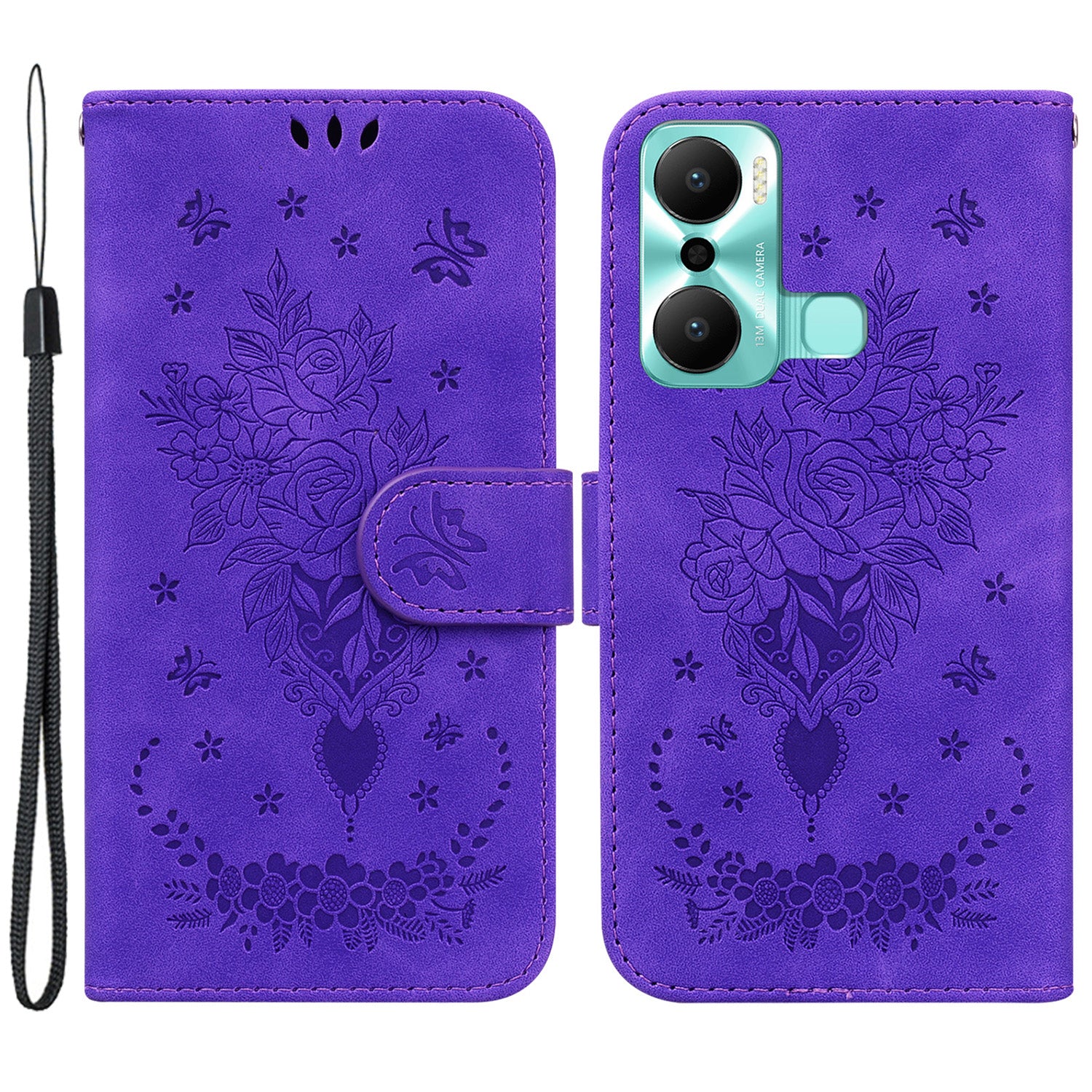 Pro Infinix Hot 20 Play 4G s potiskem Rose Butterfly PU kůže Vnitřní skořepina TPU Dobře chráněný magnetický stojánek na peněženku Kryt na telefon s popruhem