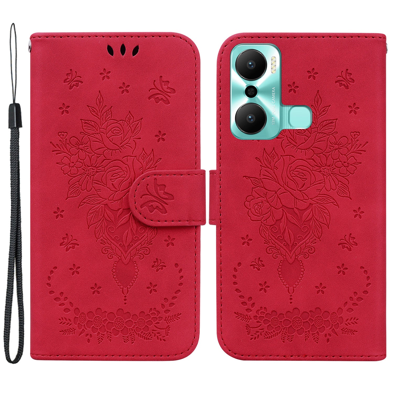 Pro Infinix Hot 20 Play 4G s potiskem Rose Butterfly PU kůže Vnitřní skořepina TPU Dobře chráněný magnetický stojánek na peněženku Kryt na telefon s popruhem