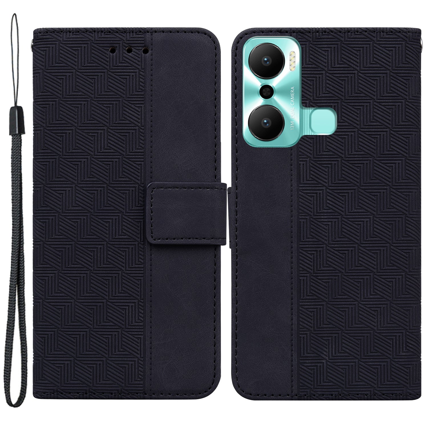 For Infinix Hot 20 Play 4G Shockproof PU Leather Phone Cover Imprinted Geometry Pattern Phone Case Magnetic Closure Stand Wallet Shell with Hand Strap