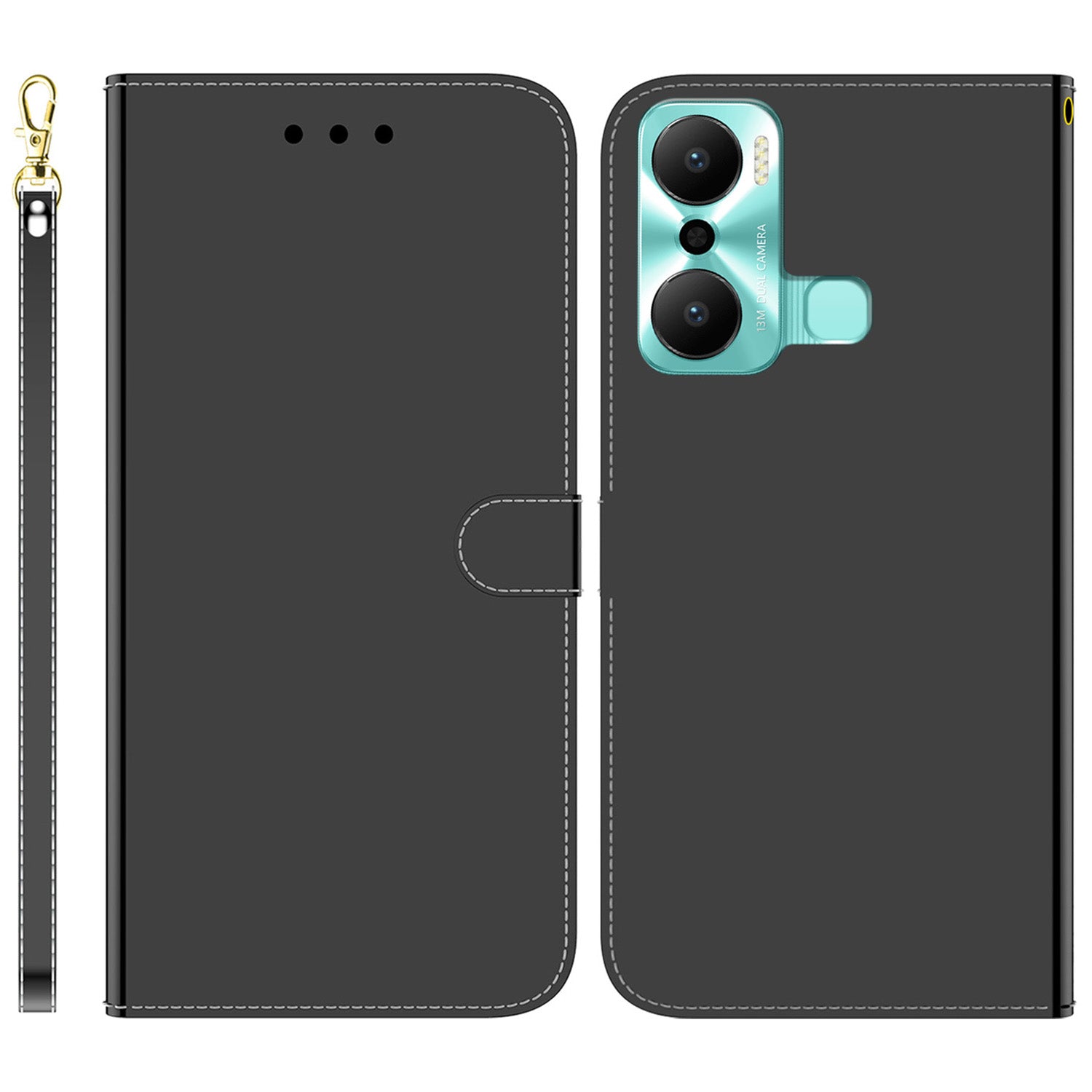 For Infinix Hot 20 Play 4G Fully Wrapped PU Leather Wallet Phone Case Mirror-like Surface Magnetic Clasp Stand Flip Phone Cover with Strap