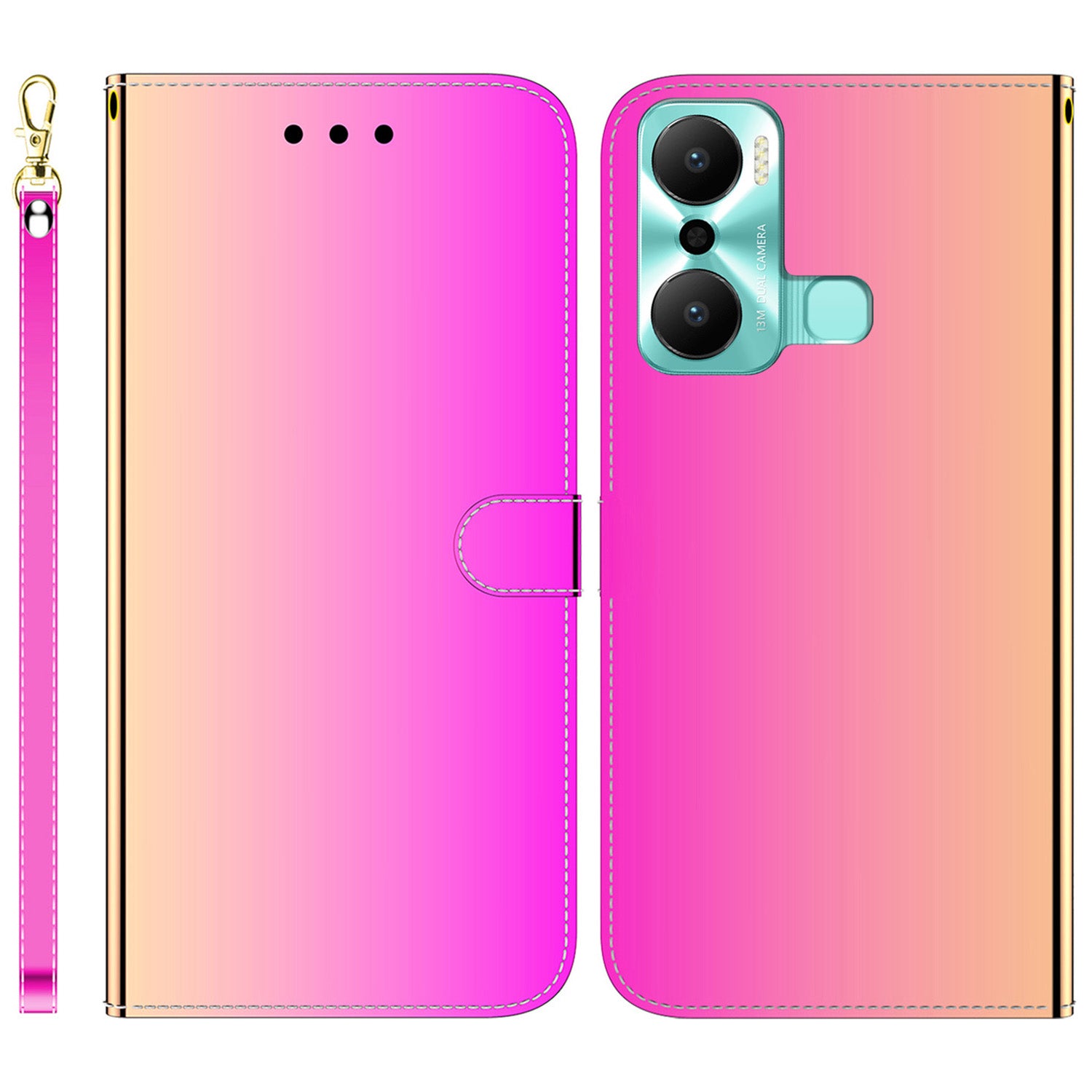 For Infinix Hot 20 Play 4G Fully Wrapped PU Leather Wallet Phone Case Mirror-like Surface Magnetic Clasp Stand Flip Phone Cover with Strap