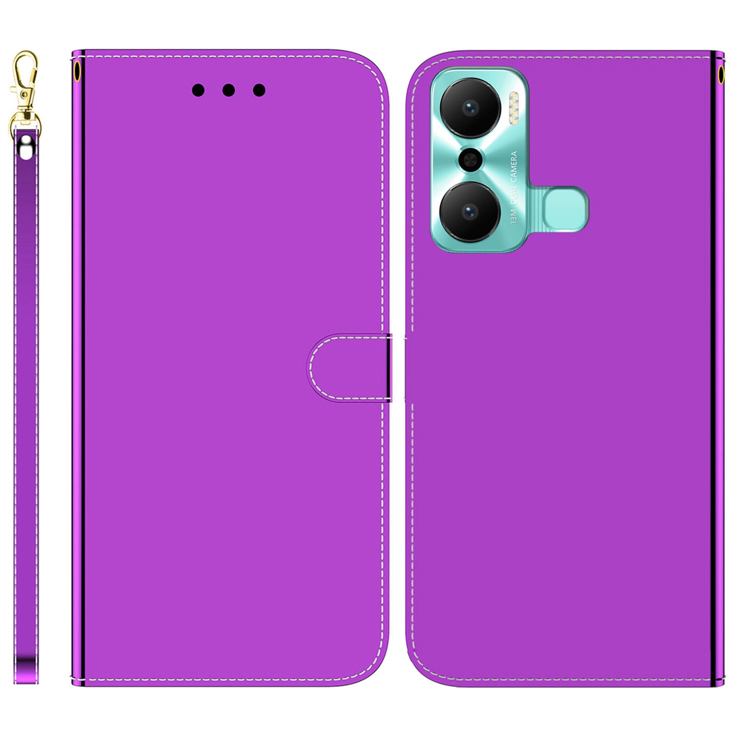 For Infinix Hot 20 Play 4G Fully Wrapped PU Leather Wallet Phone Case Mirror-like Surface Magnetic Clasp Stand Flip Phone Cover with Strap