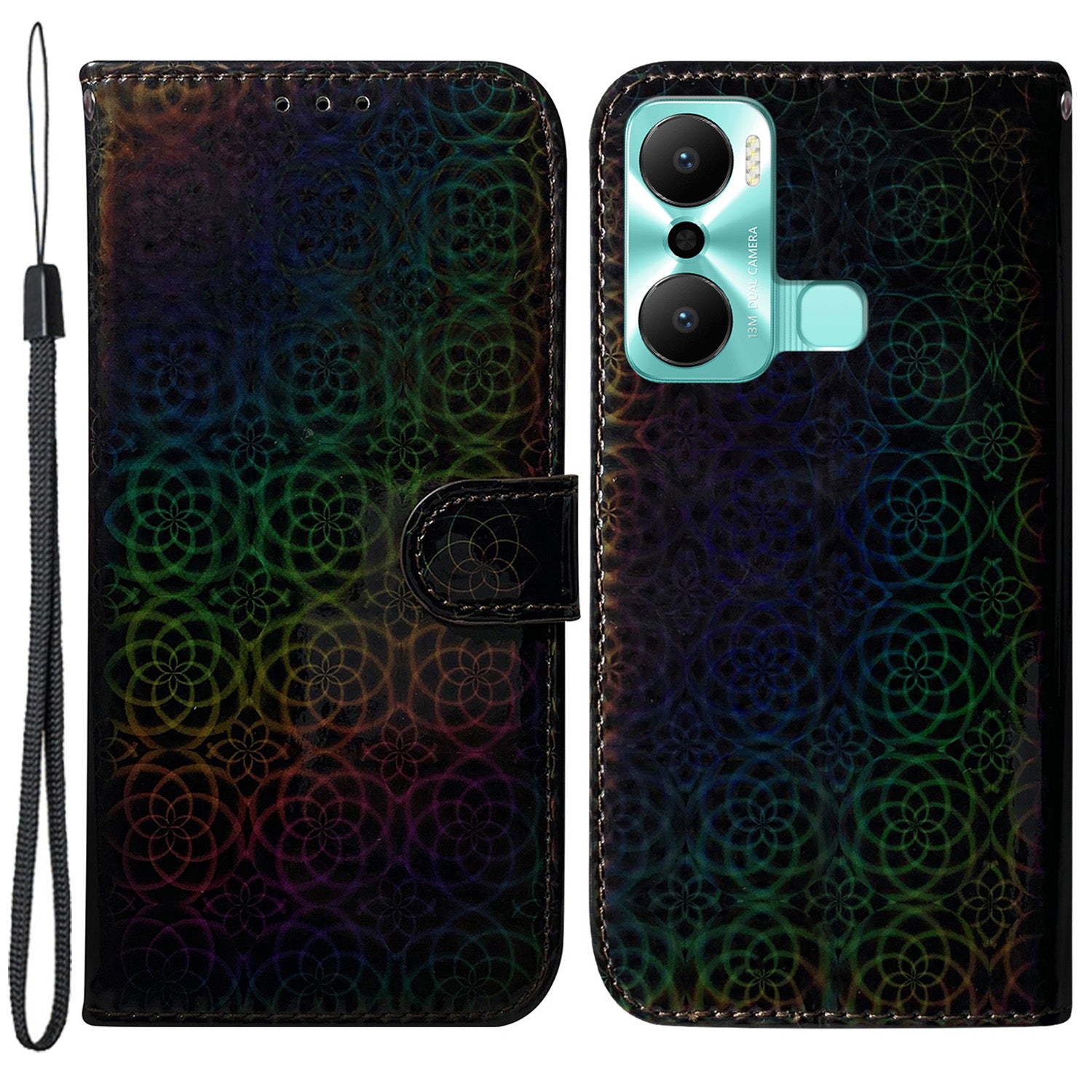 For Infinix Hot 20 Play 4G PU Leather Dazzling Flower Pattern Wallet Case Folding Stand Magnetic Closure Book Style Flip Phone Cover with Strap