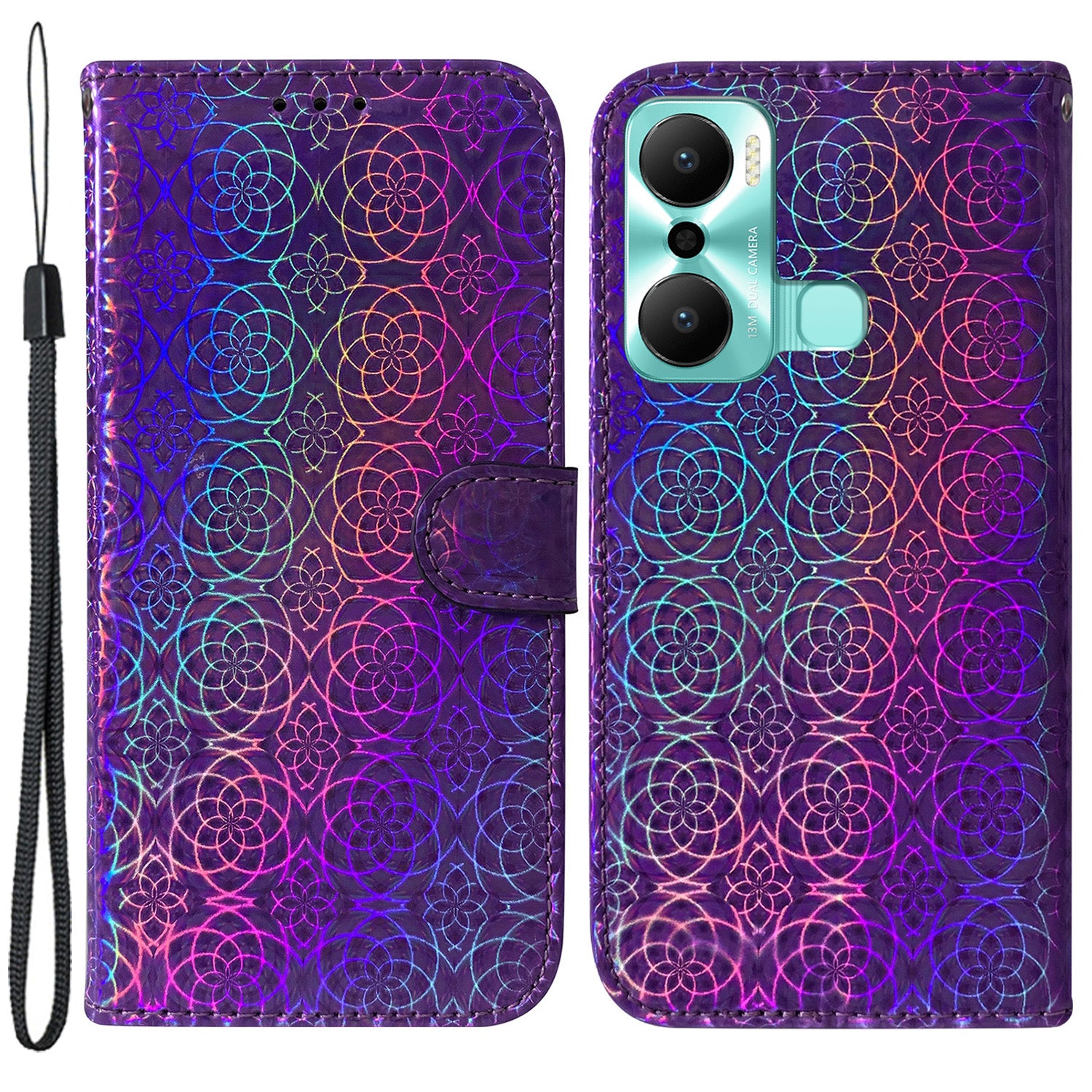 For Infinix Hot 20 Play 4G PU Leather Dazzling Flower Pattern Wallet Case Folding Stand Magnetic Closure Book Style Flip Phone Cover with Strap