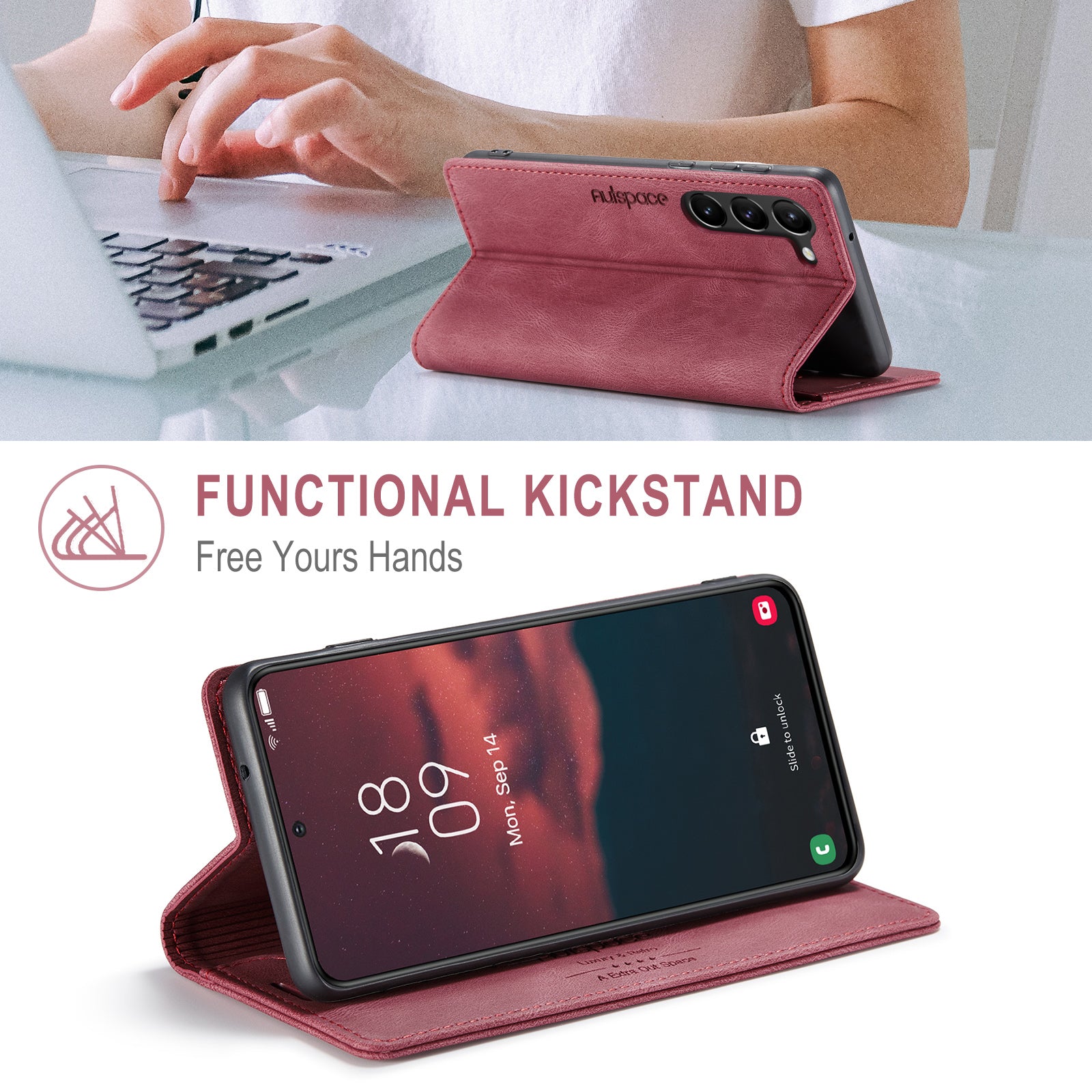 AUTSPACE A01 Series for Samsung Galaxy S23 RFID Blocking Anti-drop Phone Case Retro Texture PU Leather Wallet Stand Matte Flip Phone Cover