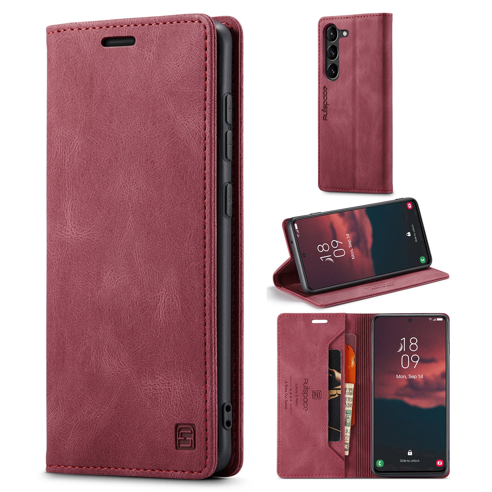 AUTSPACE A01 Series for Samsung Galaxy S23 RFID Blocking Cell Phone Case Stand Wallet Retro Texture Shockproof PU Leather Matte Phone Cover