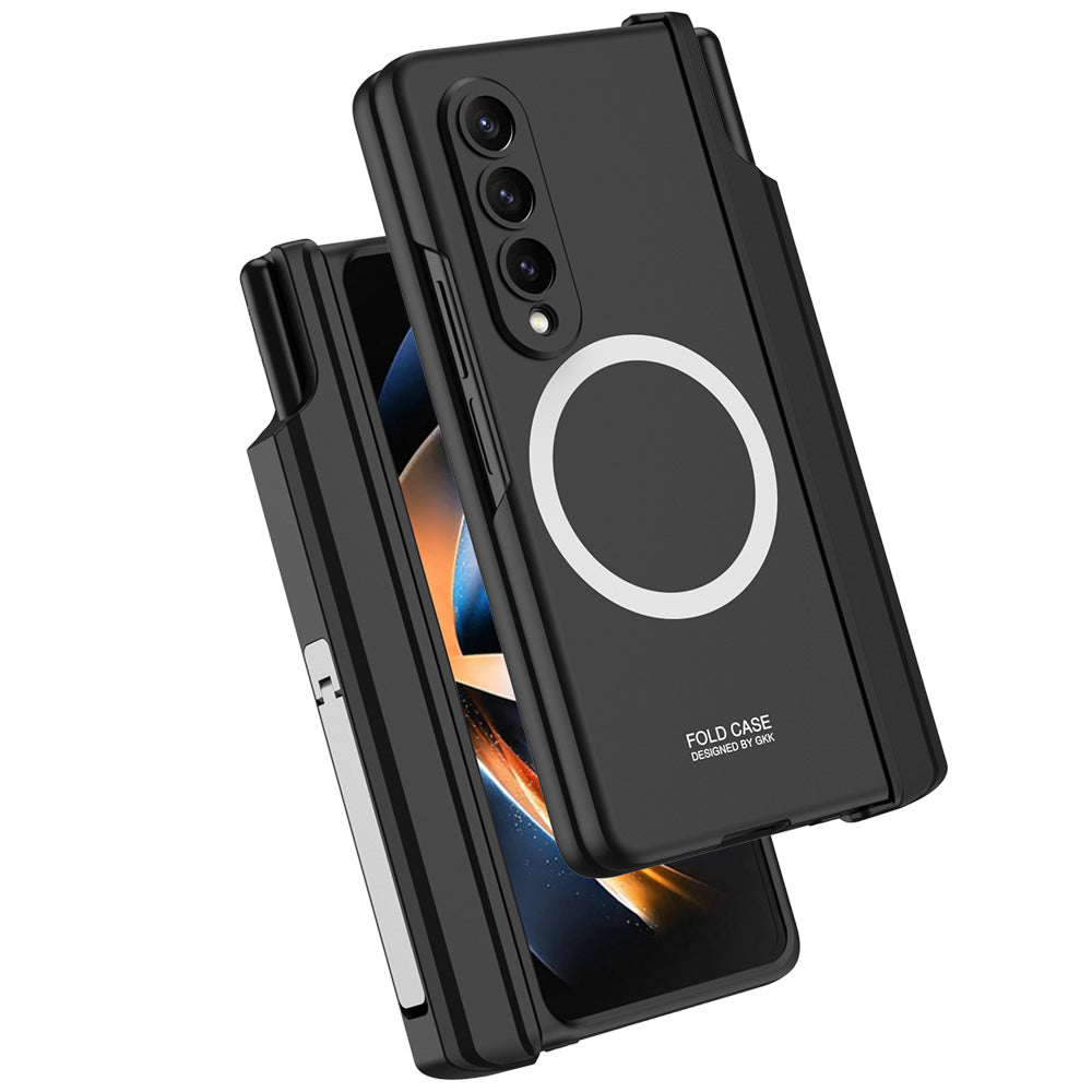 GKK For Samsung Galaxy Z Fold4 5G Magnetic Hinge Protection Cover Kickstand Hard PC Non-Slip Shockproof Phone Case with Tempered Glass Film and Pen Holder