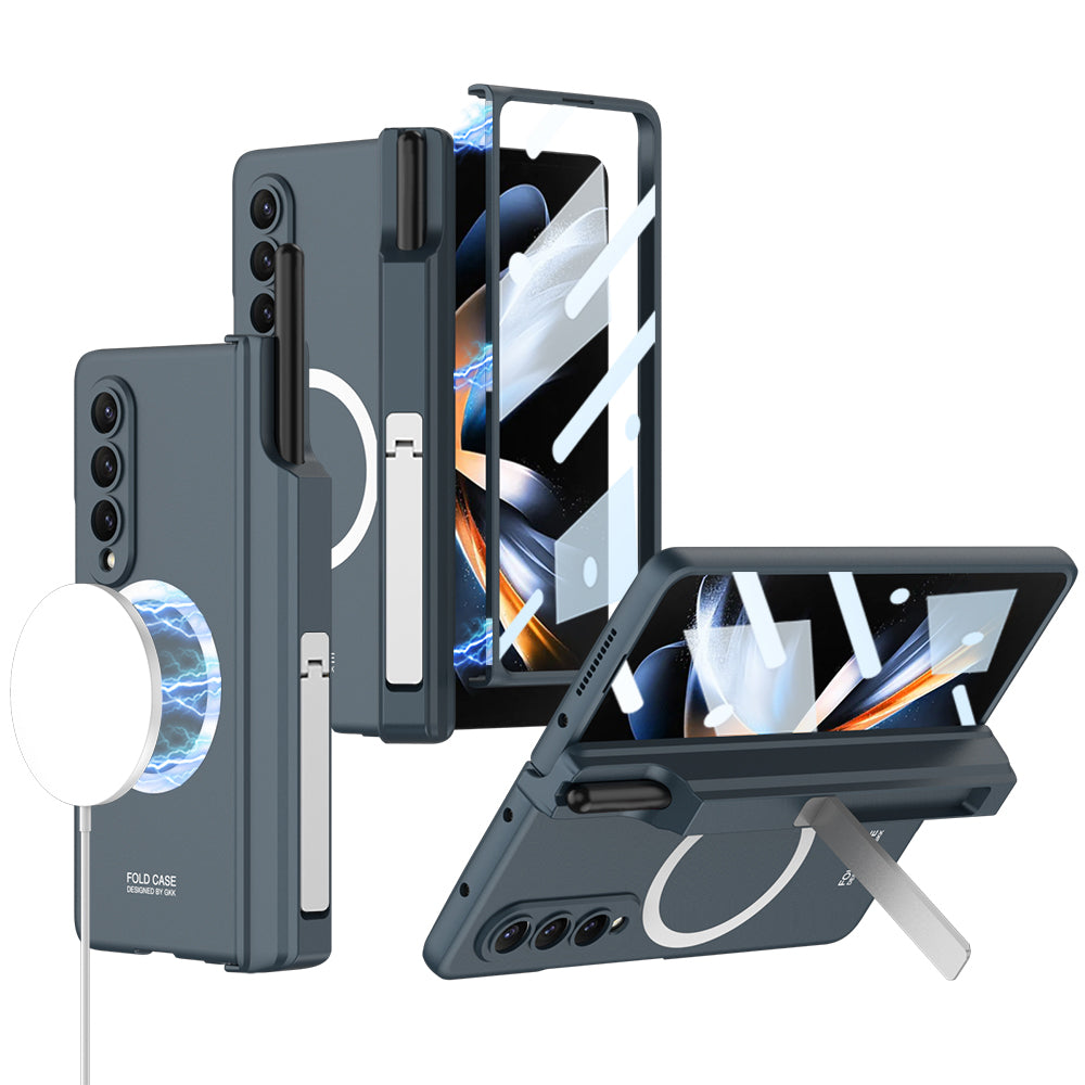 GKK For Samsung Galaxy Z Fold4 5G Magnetic Hinge Protection Cover Kickstand Hard PC Non-Slip Shockproof Phone Case with Tempered Glass Film and Pen Holder