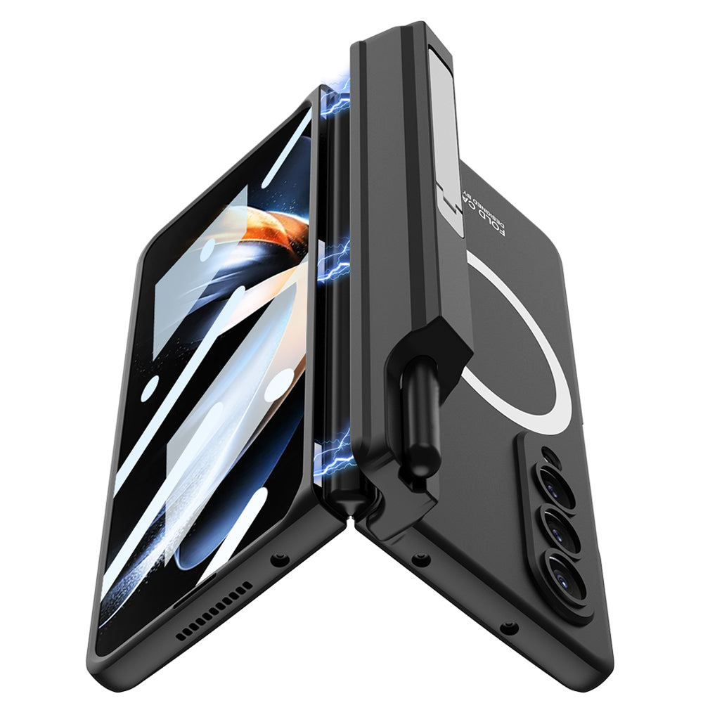 GKK For Samsung Galaxy Z Fold4 5G Magnetic Hinge Protection Cover Kickstand Hard PC Non-Slip Shockproof Phone Case with Tempered Glass Film and Pen Holder