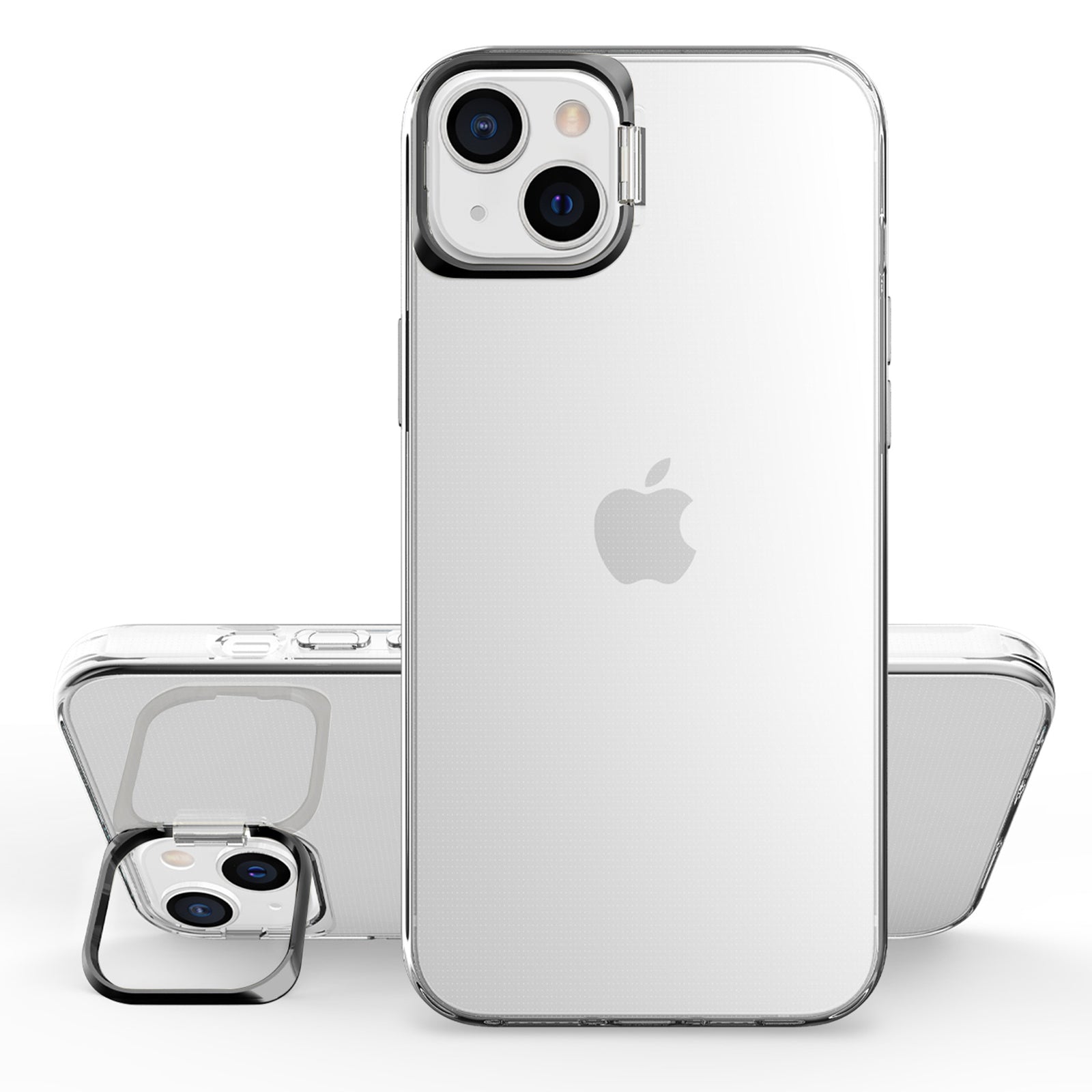 For iPhone 14 Plus Apex Capsule Series Anti-yellowing Clear TPU Back Case 4 Corners Airbags Cover Metal Camera Frame with Kickstand